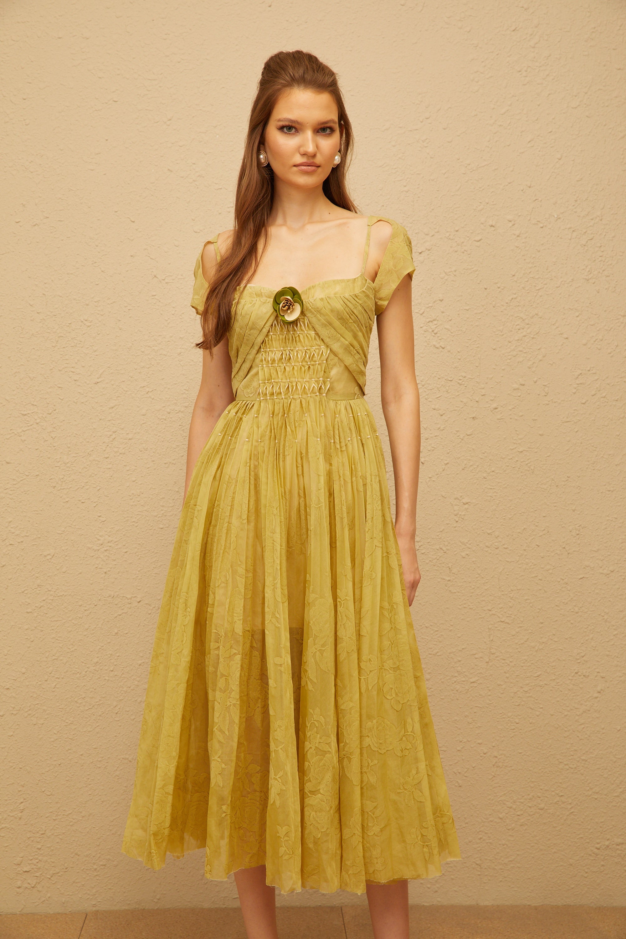 Béryl Green Floral Jacquard Midi Dress (Final Sale-US Only)