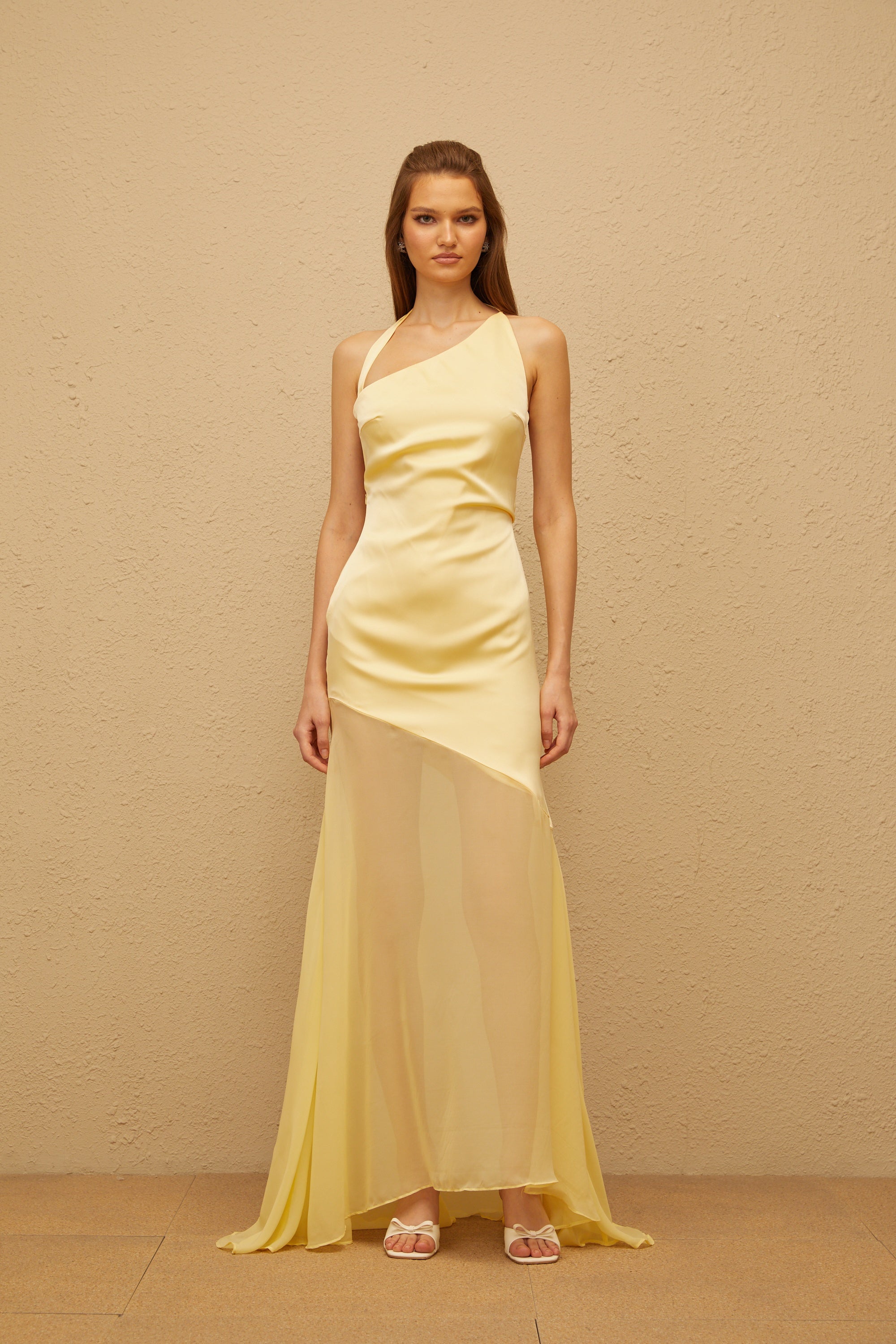 Chantal Yellow Asymmetrical Satin Maxi Dress (Final Sale-US Only)