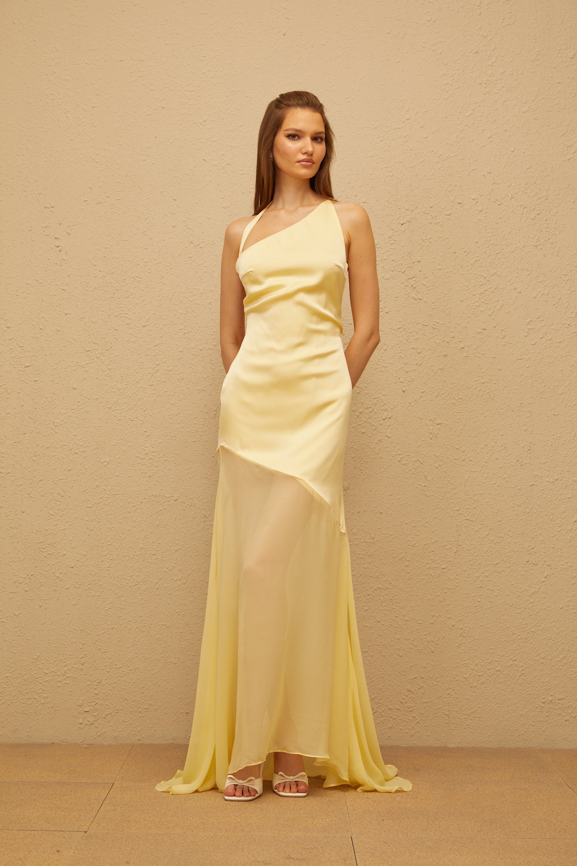 Chantal Yellow Asymmetrical Satin Maxi Dress (Final Sale-US Only)