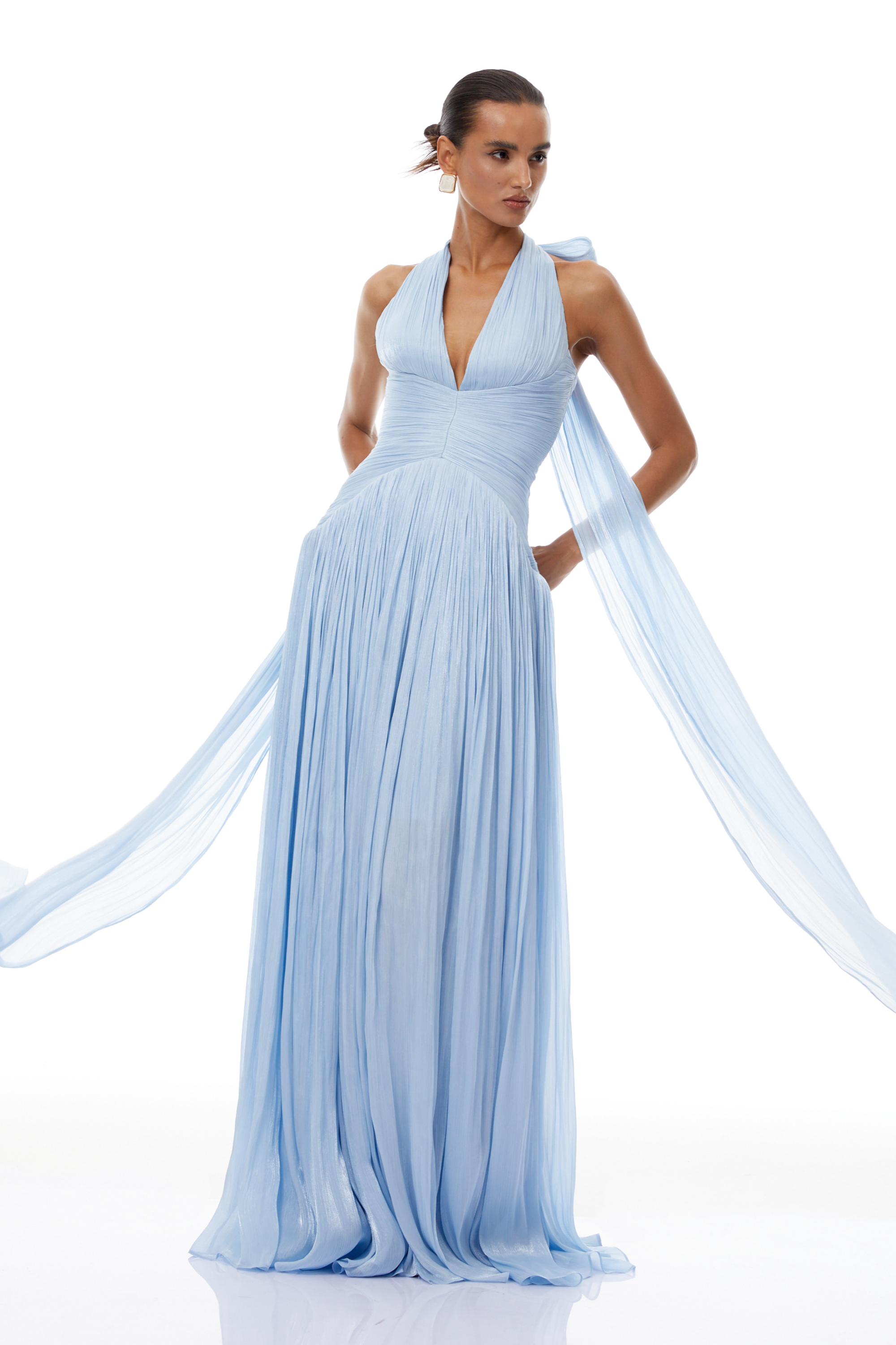Blue Glossy Gathered Maxi Dress