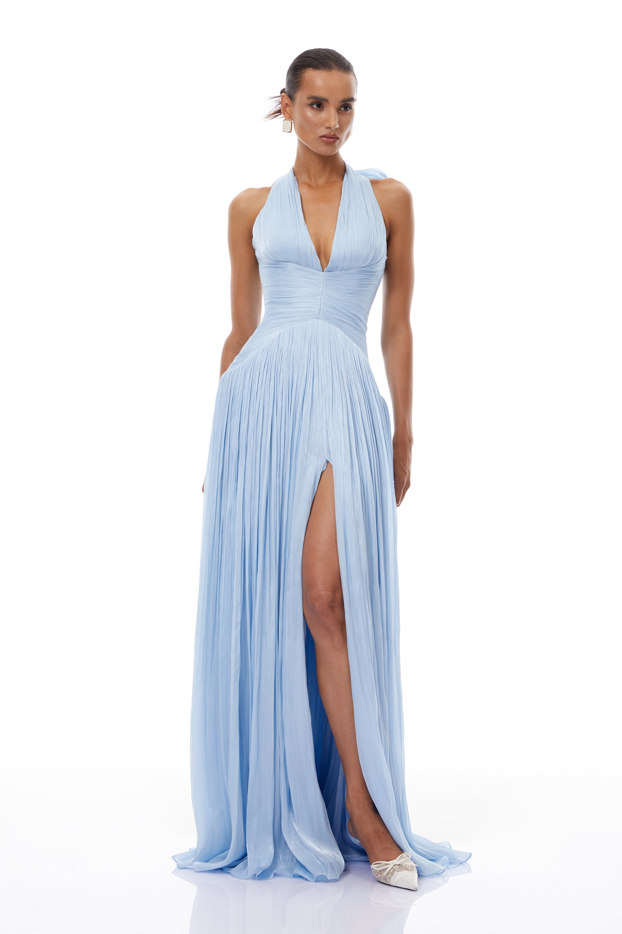 Térébenthine Blue Glossy Gathered Maxi Dress – Miss Rosier