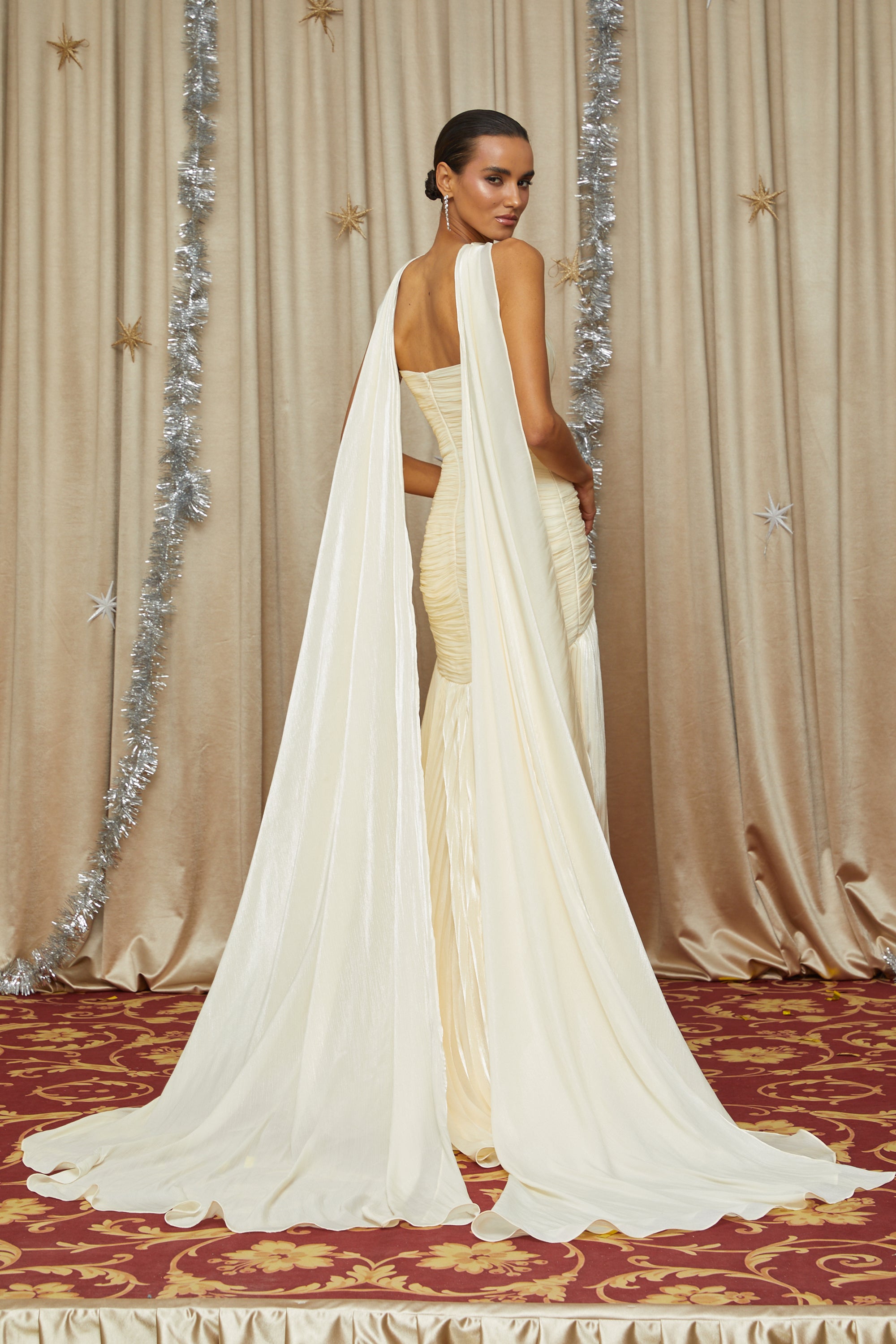 Roxane Yellow Cinched Waist Ruched Maxi Dress – Miss Rosier