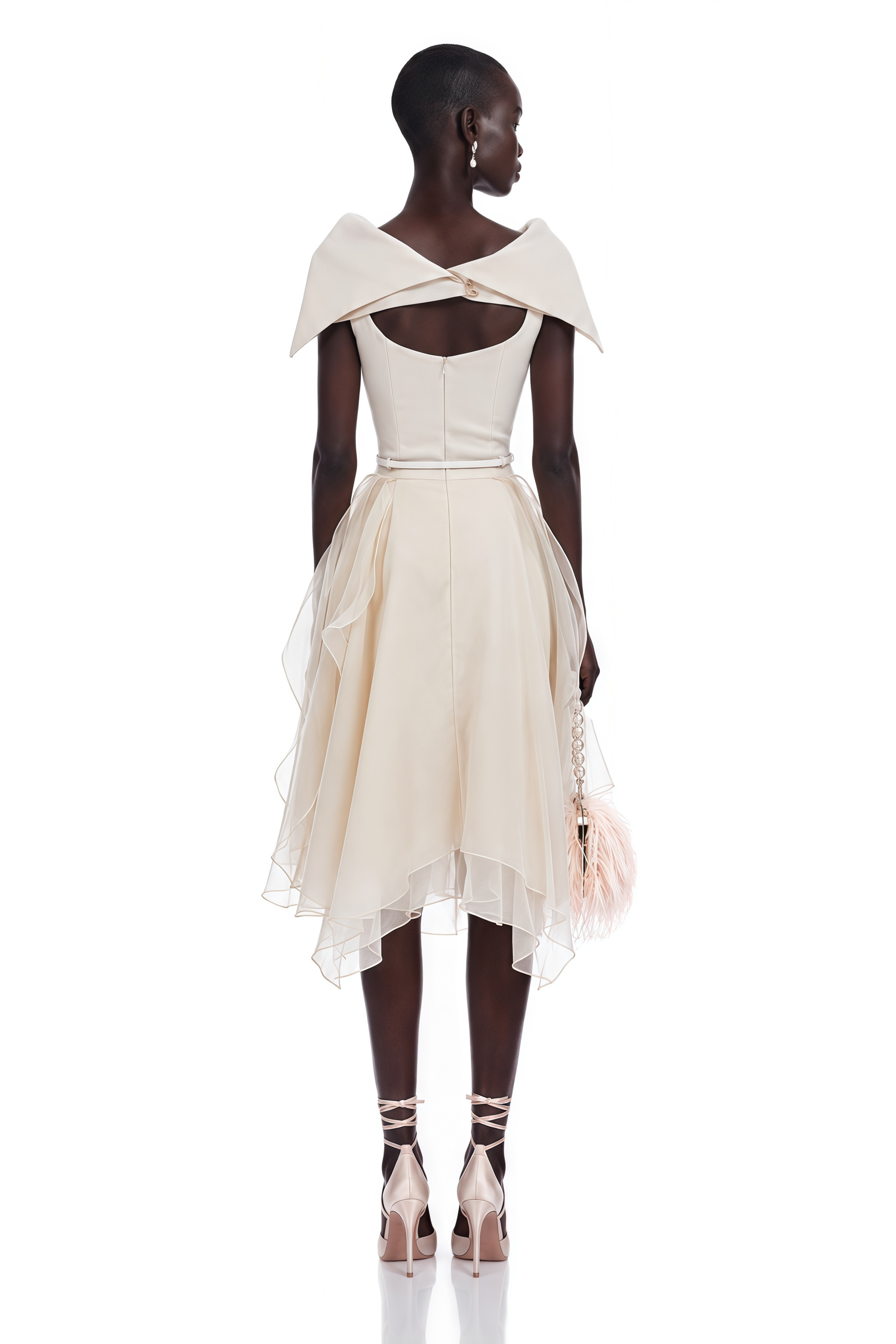 Aria White Asymmetrical Shawl & Tulle Panel Dress Set