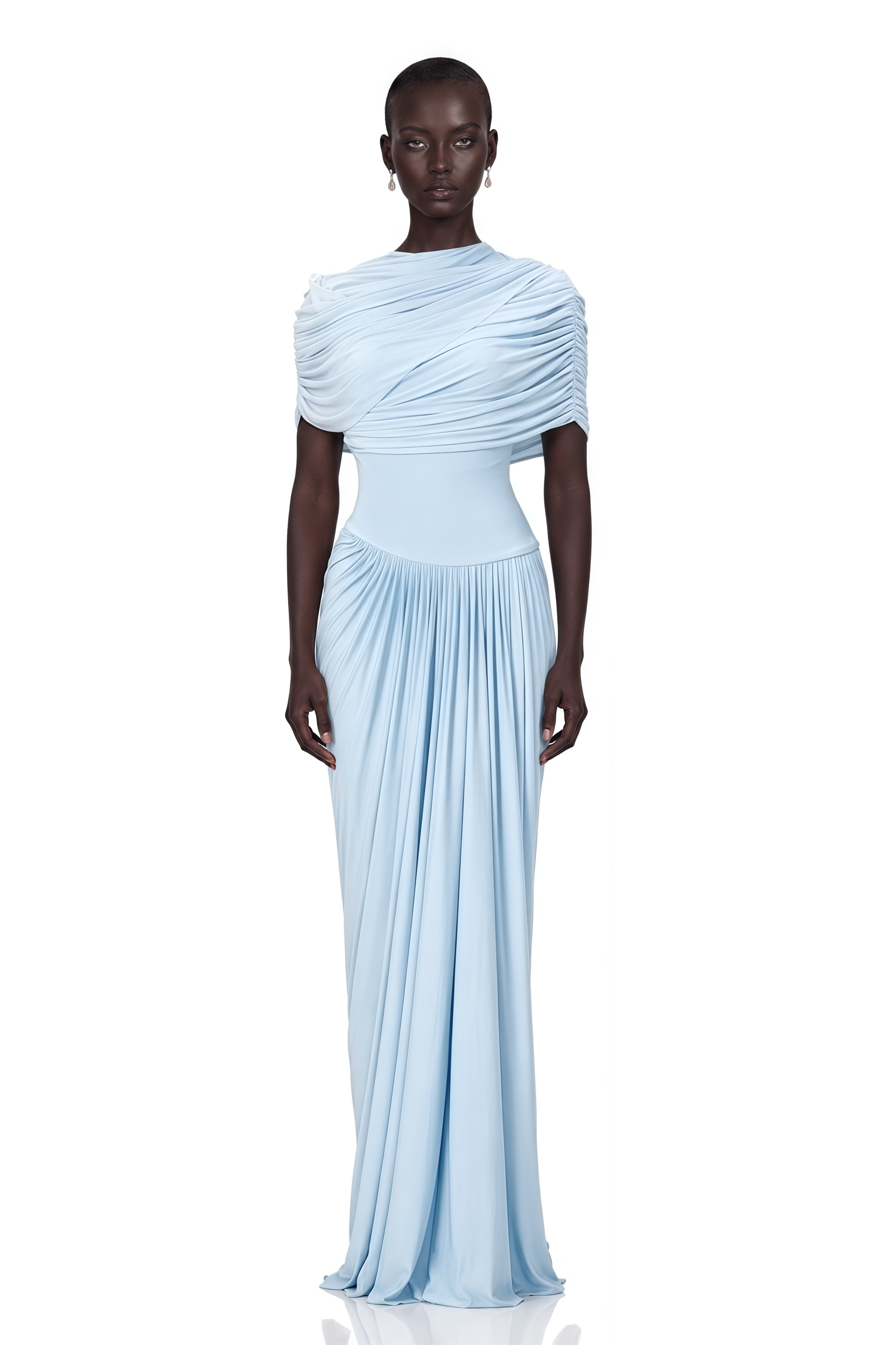 Catherine Asymmetrical Pleated Maxi Dress in Baby-blue – Miss