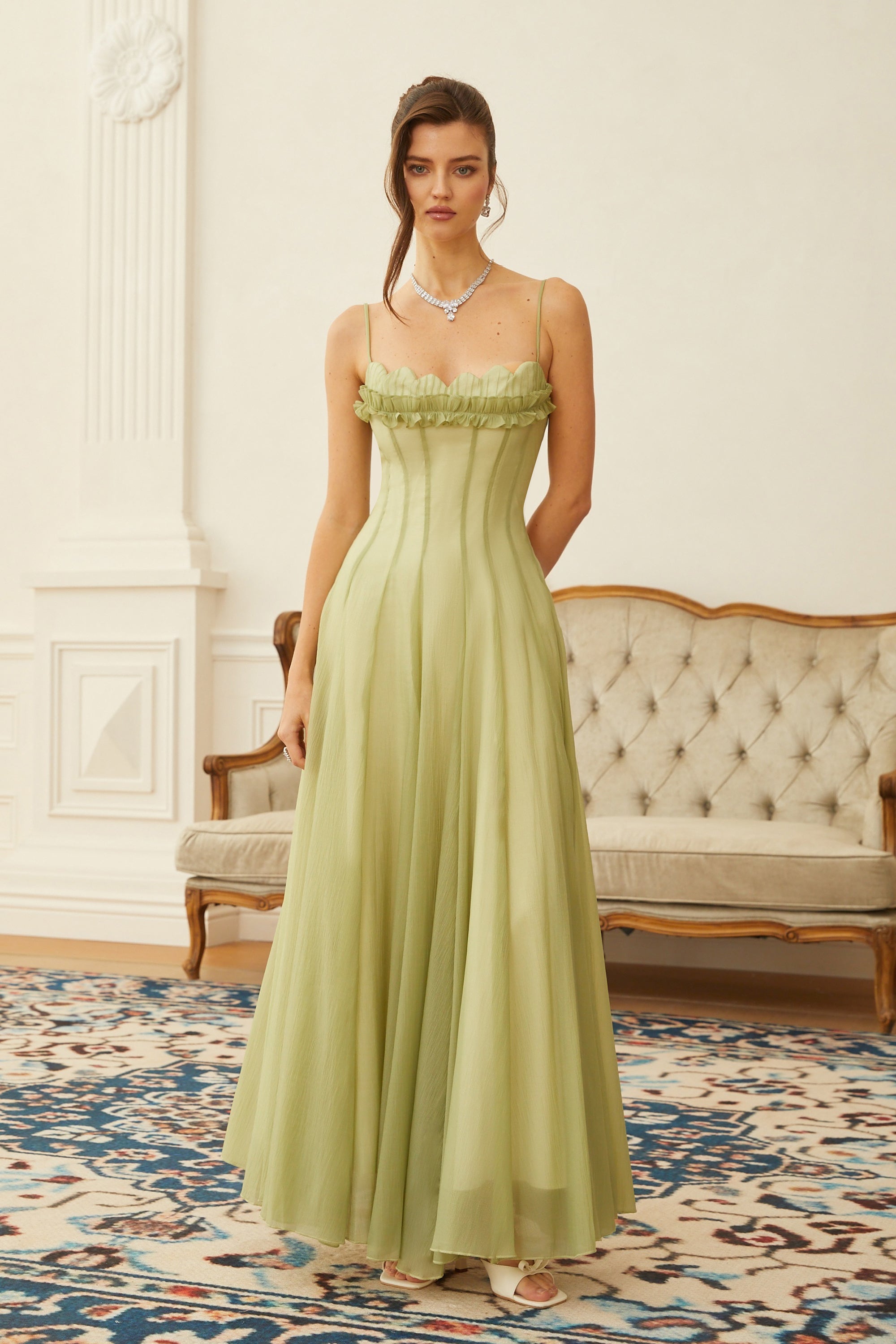 Matcha Ruffled Shirred Tulle Maxi Dress – Miss Rosier - Women's