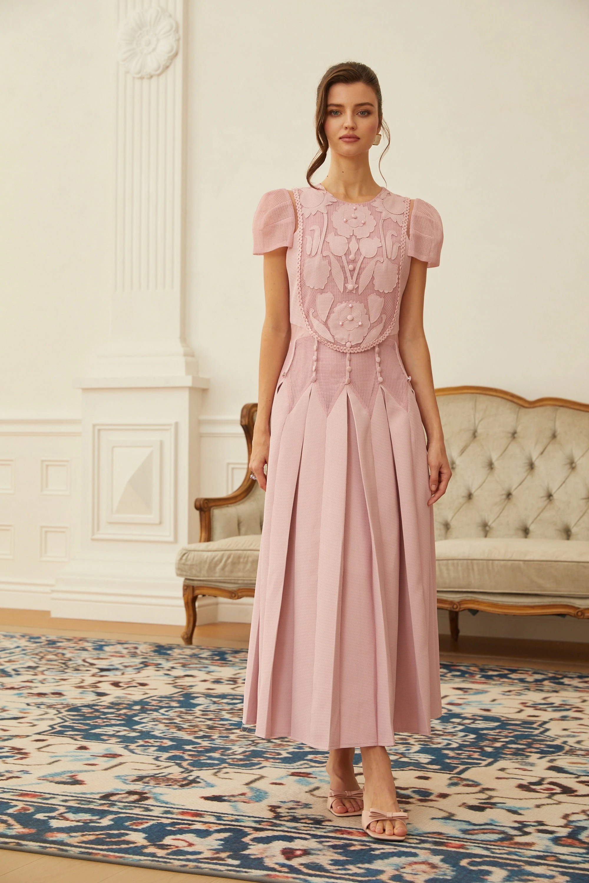 Pink Flower Embroidered Maxi Dress