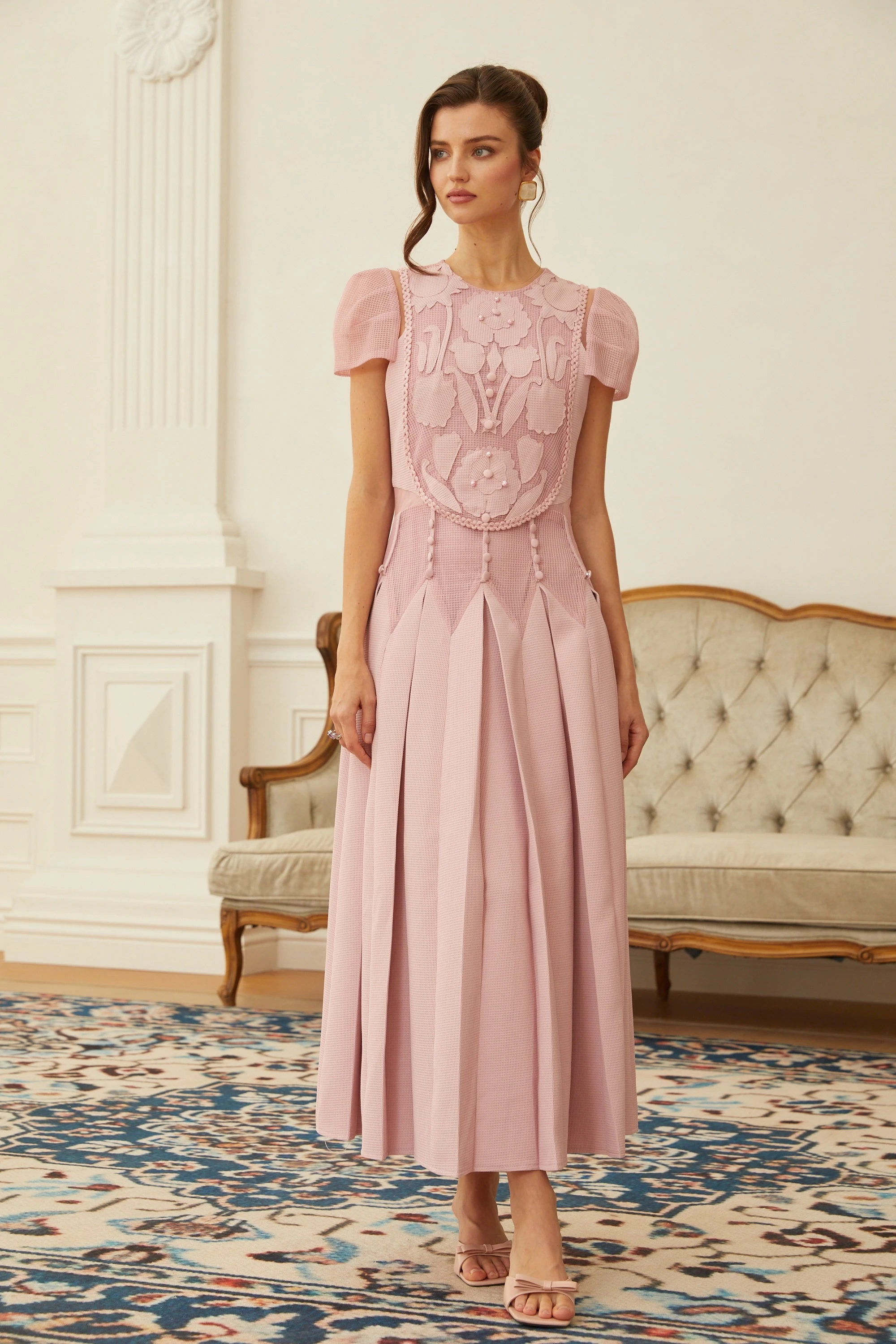 Pink Flower Embroidered Maxi Dress