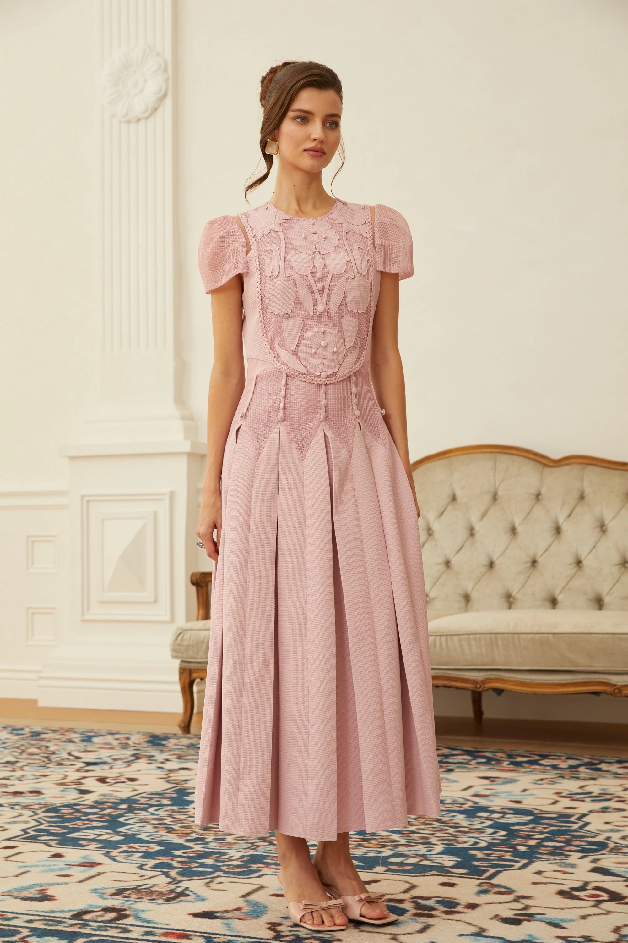 Pink Flower Embroidered Maxi Dress