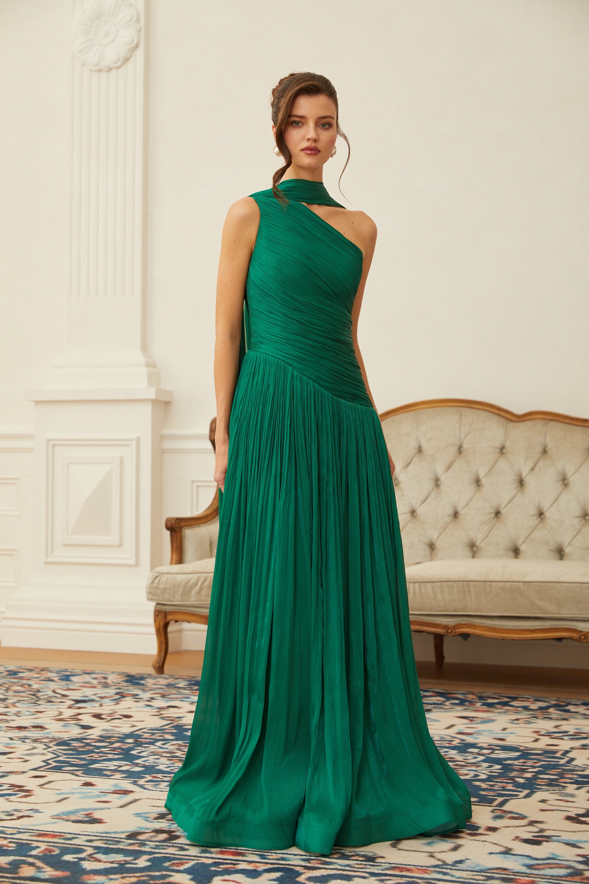 Emerald Green One Shoulder Ruched Maxi Dress – Miss Rosier