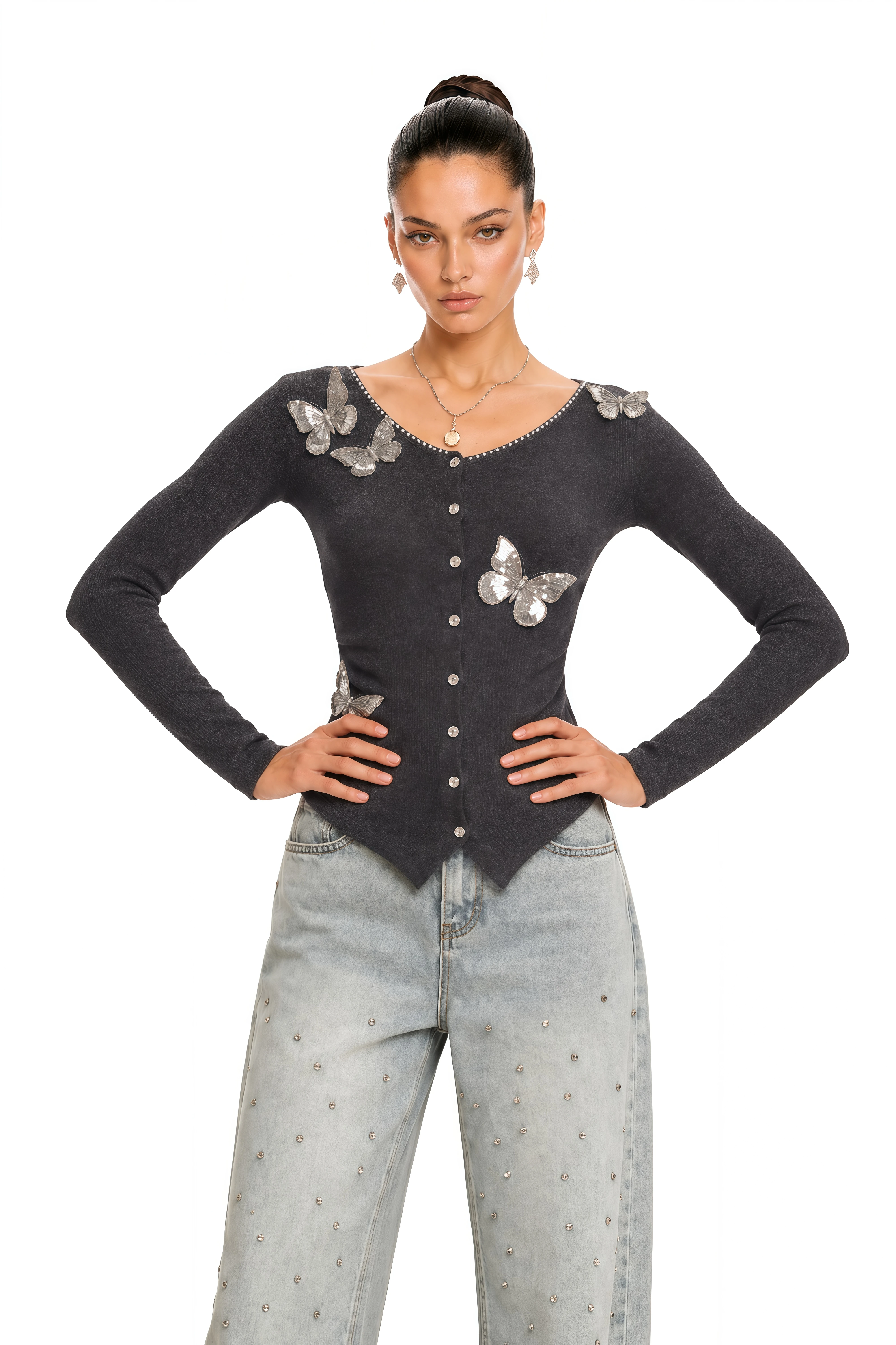Anastasie Grey Sequined Butterfly-Motif Cardigan