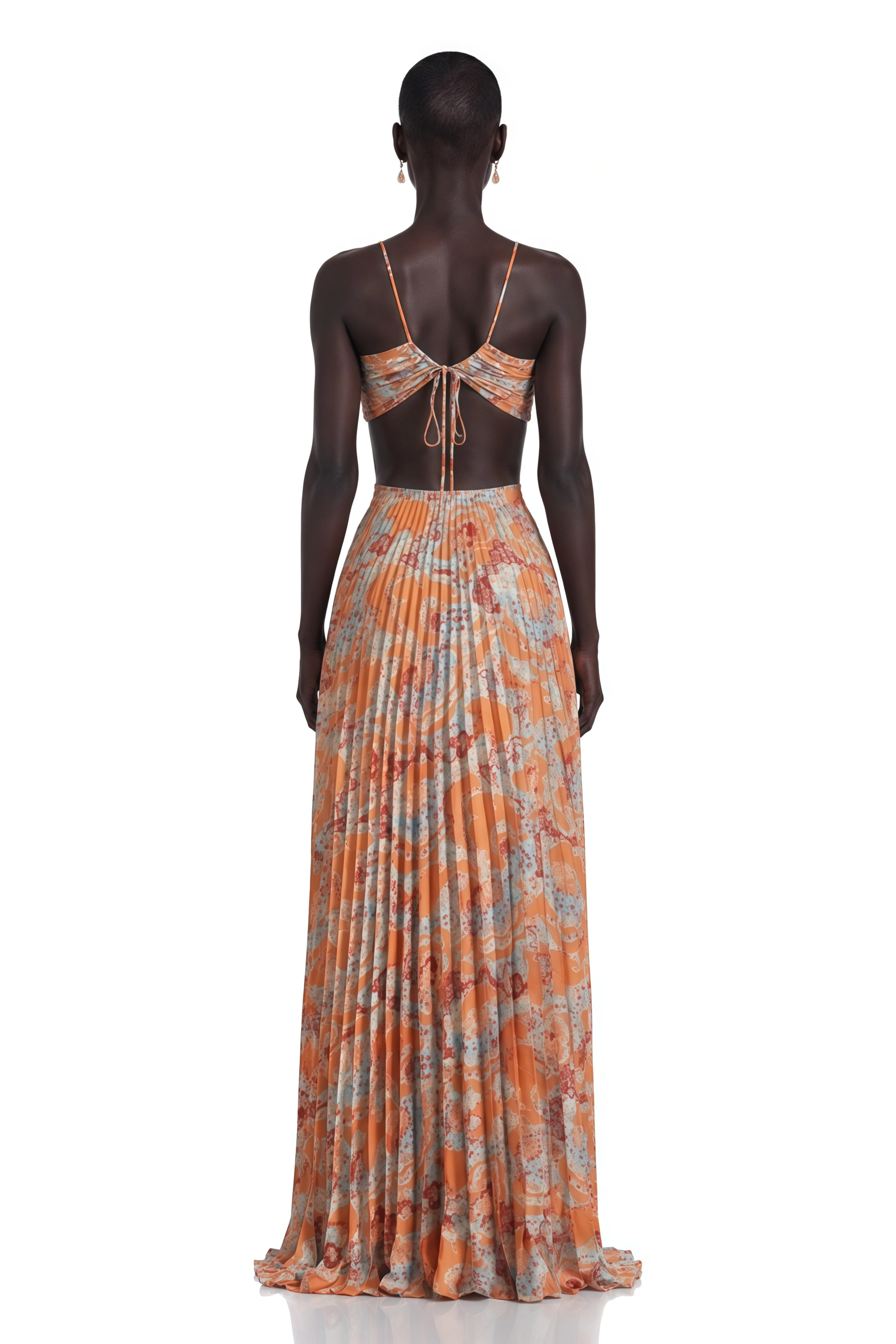 Andréa Orange Floral Print Pleated Maxi Dress with Cutout Detail