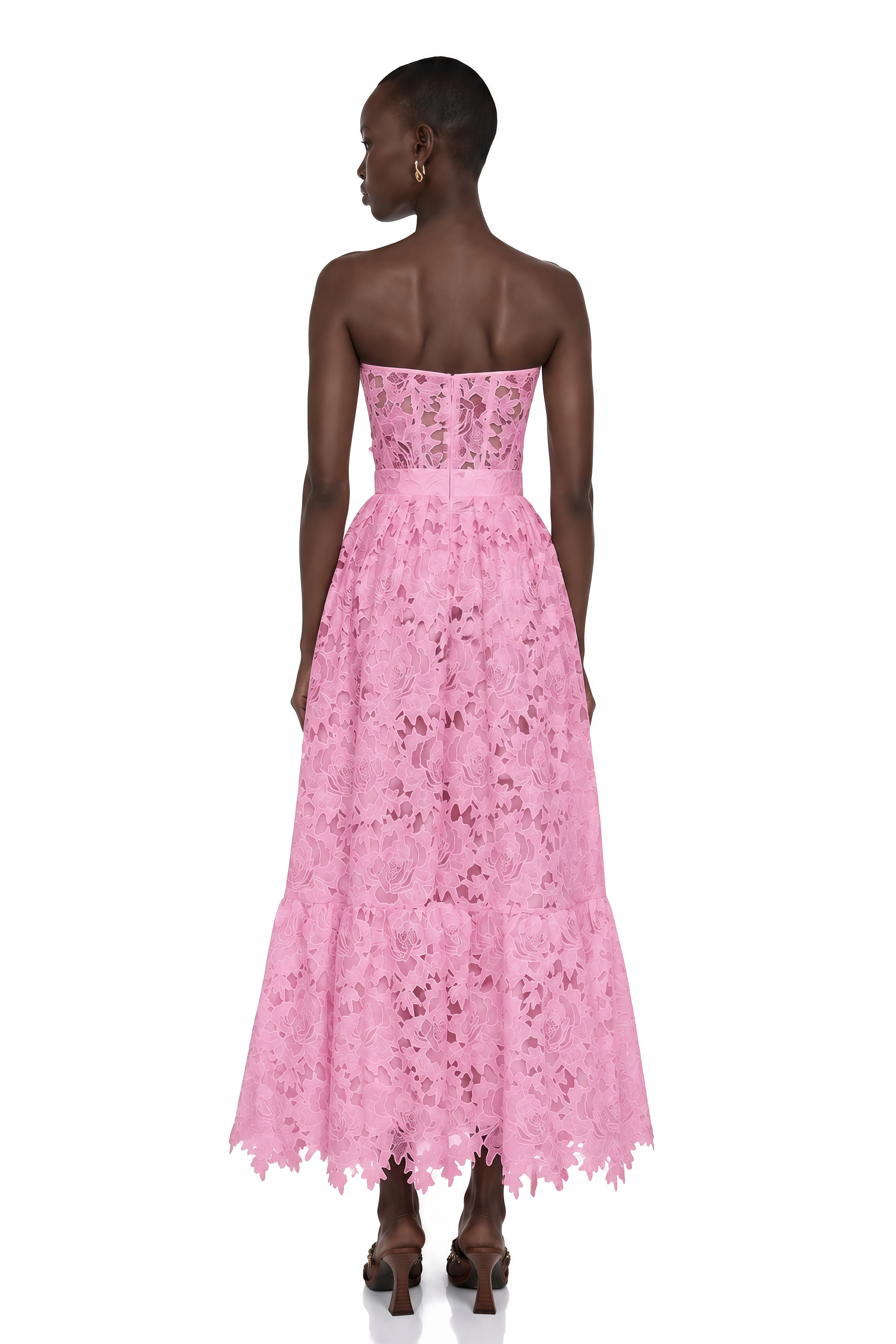 Inès Lace Floral Embroidered Cut-Out Midi Dress in Pink