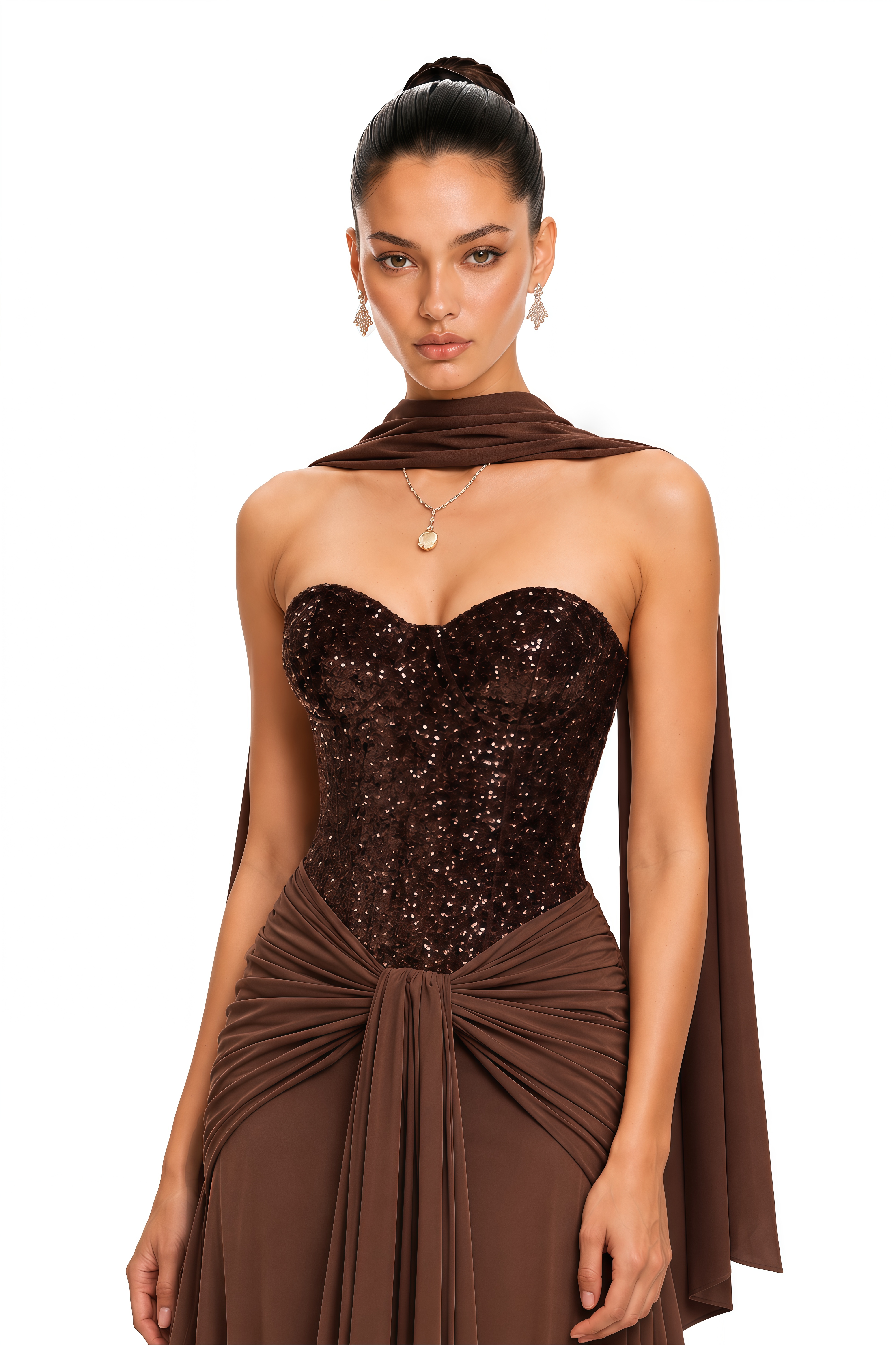 Christine Brown Off Shoulder Draped Maxi Dress