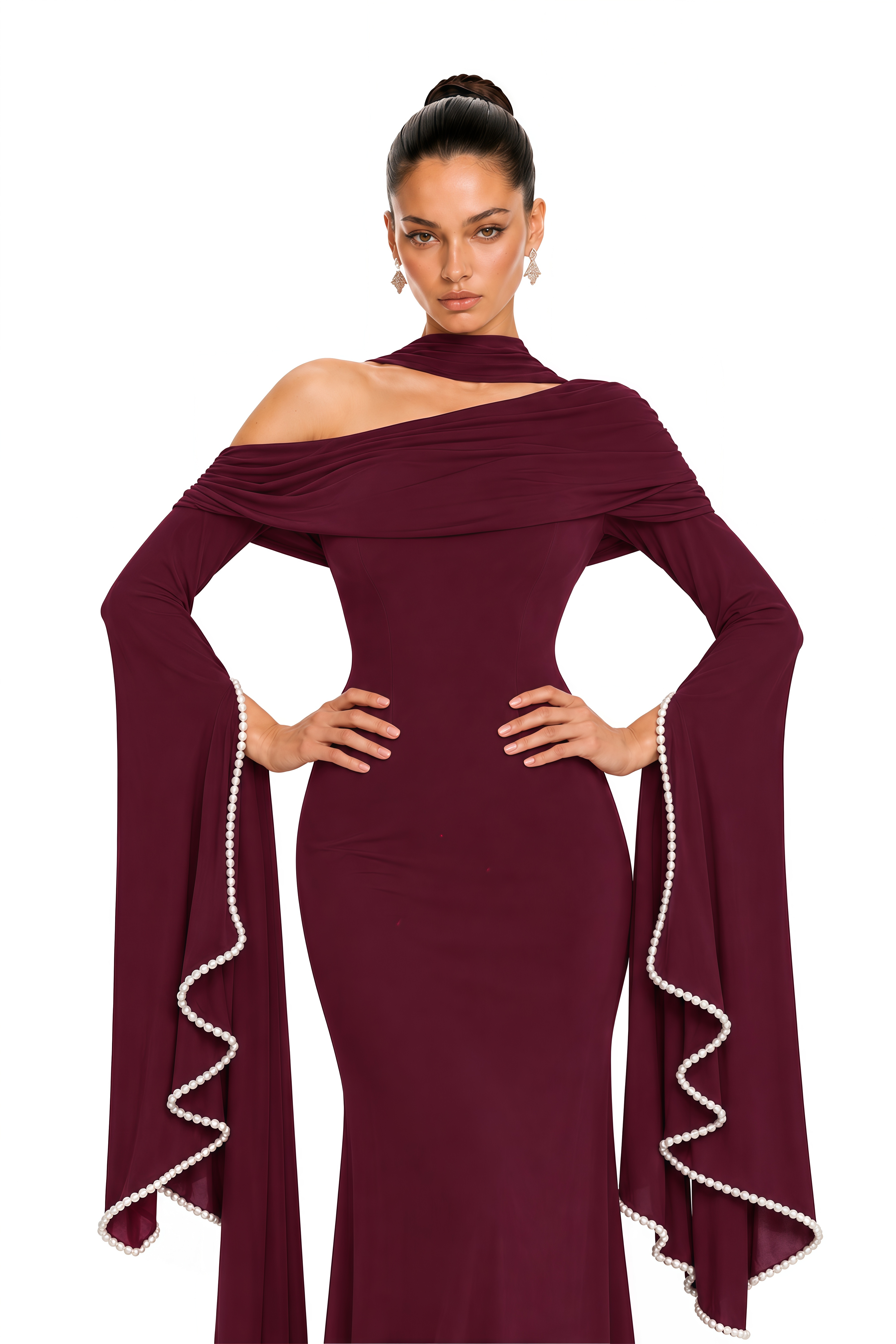 Simona Burgundy One Shoulder Pearl Trim Maxi Gown