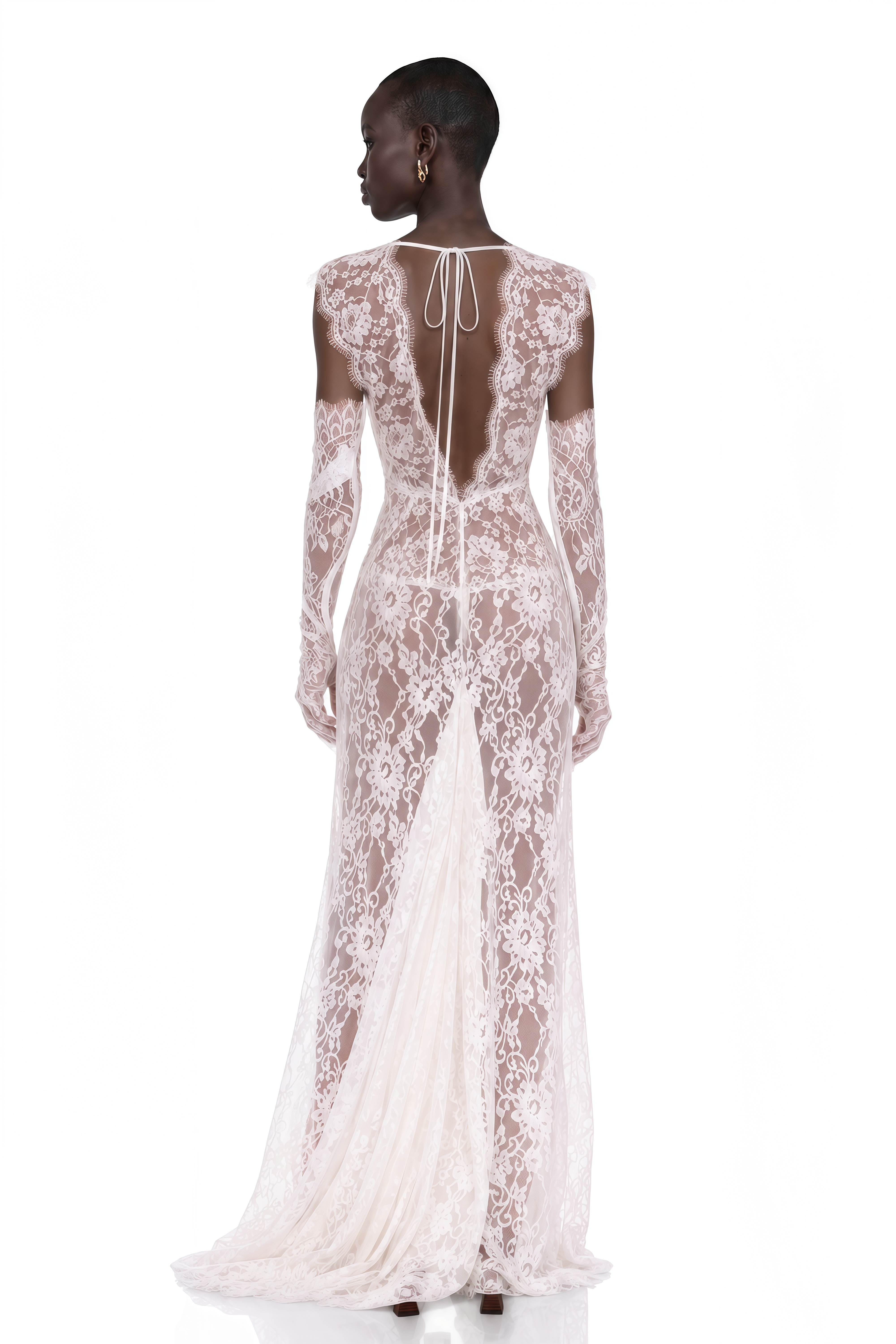 Hanna White Sheer Lace Maxi Dress with Deep V-Neck (Without Gloves)