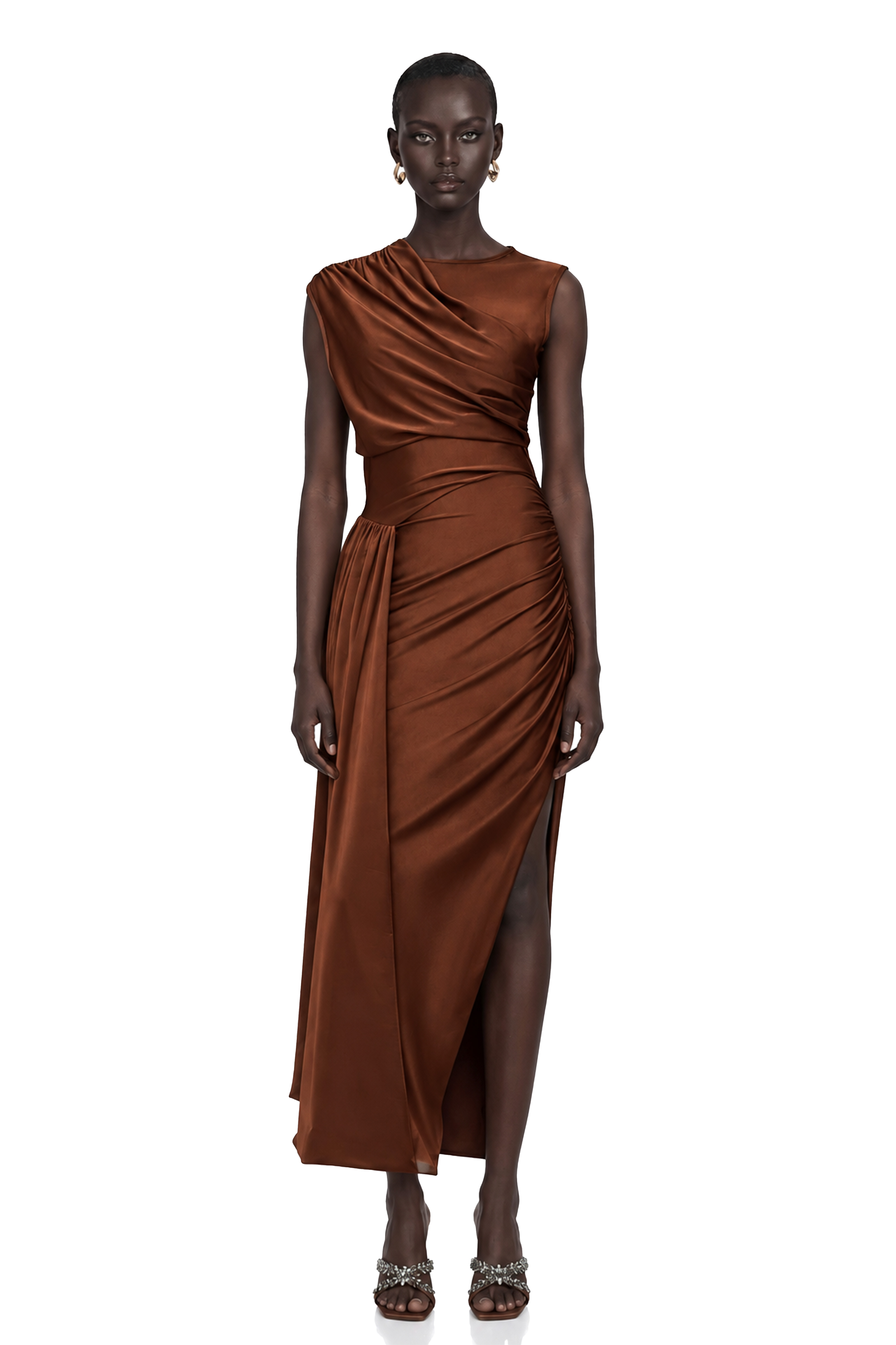 Reine Brown Asymmetrical Ruched Maxi Dress