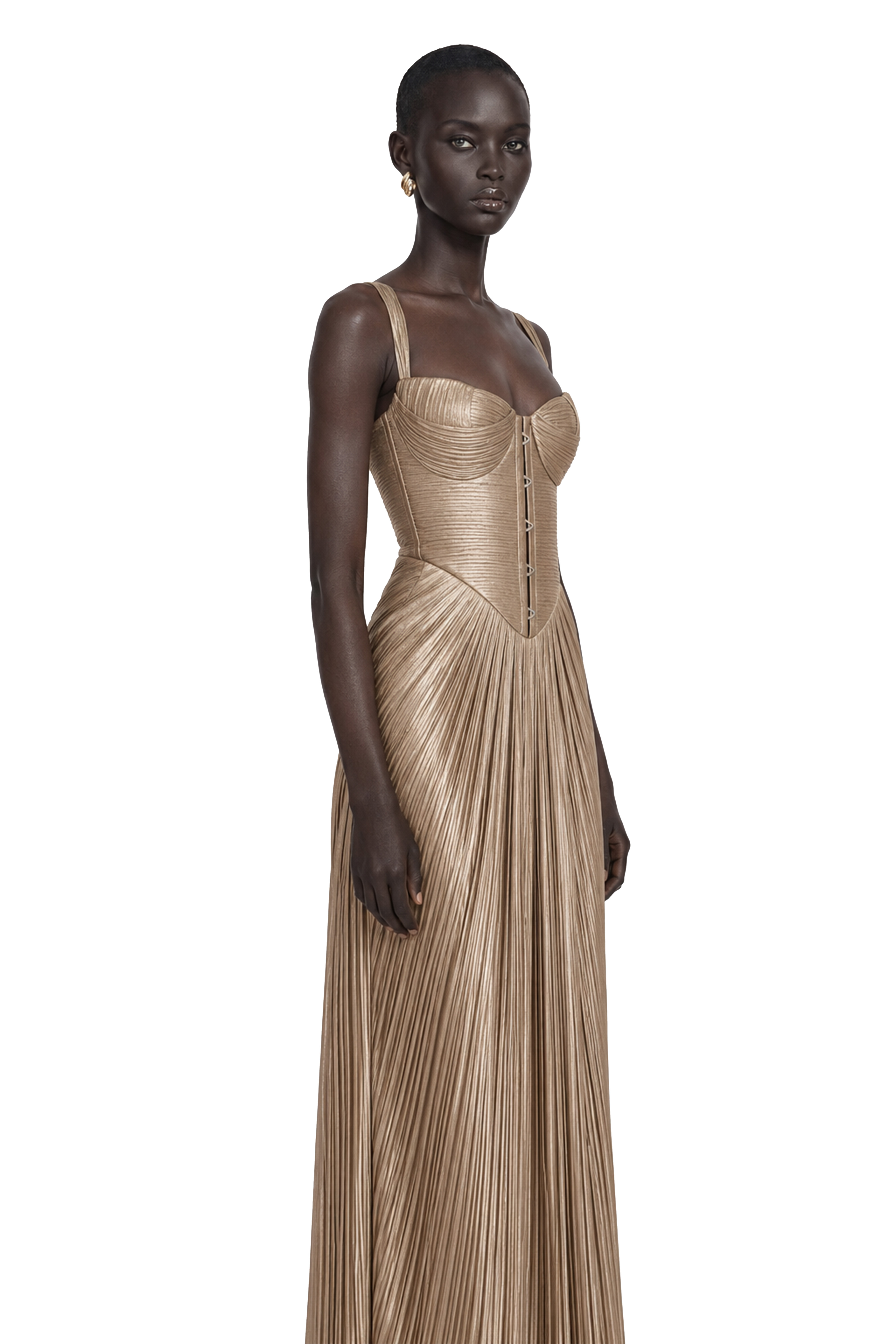 Nicoletta Gold Glossy Pleated Corset Maxi Dress