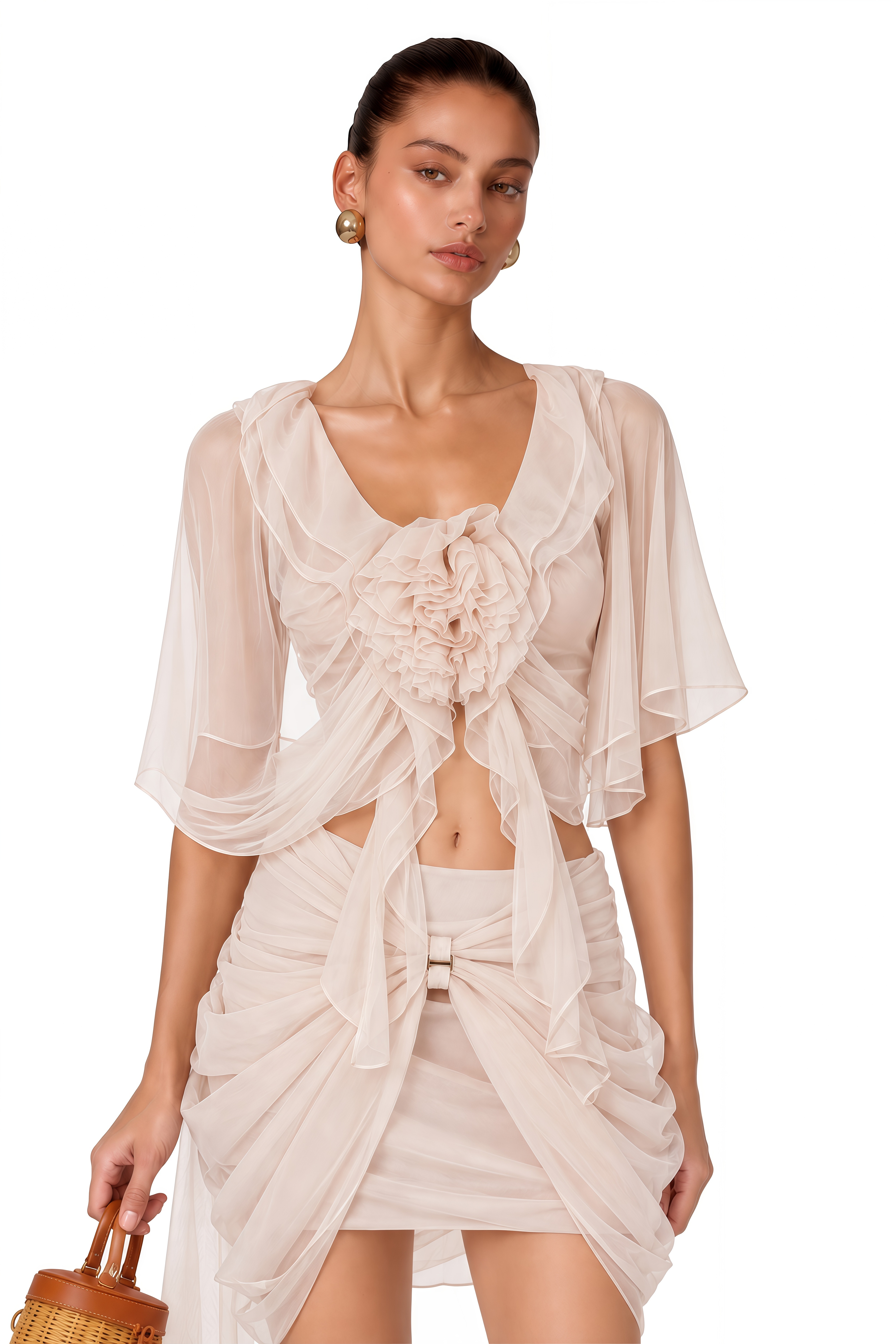 Pénombre Neutral Ruched Tulle Top & Skirt Set