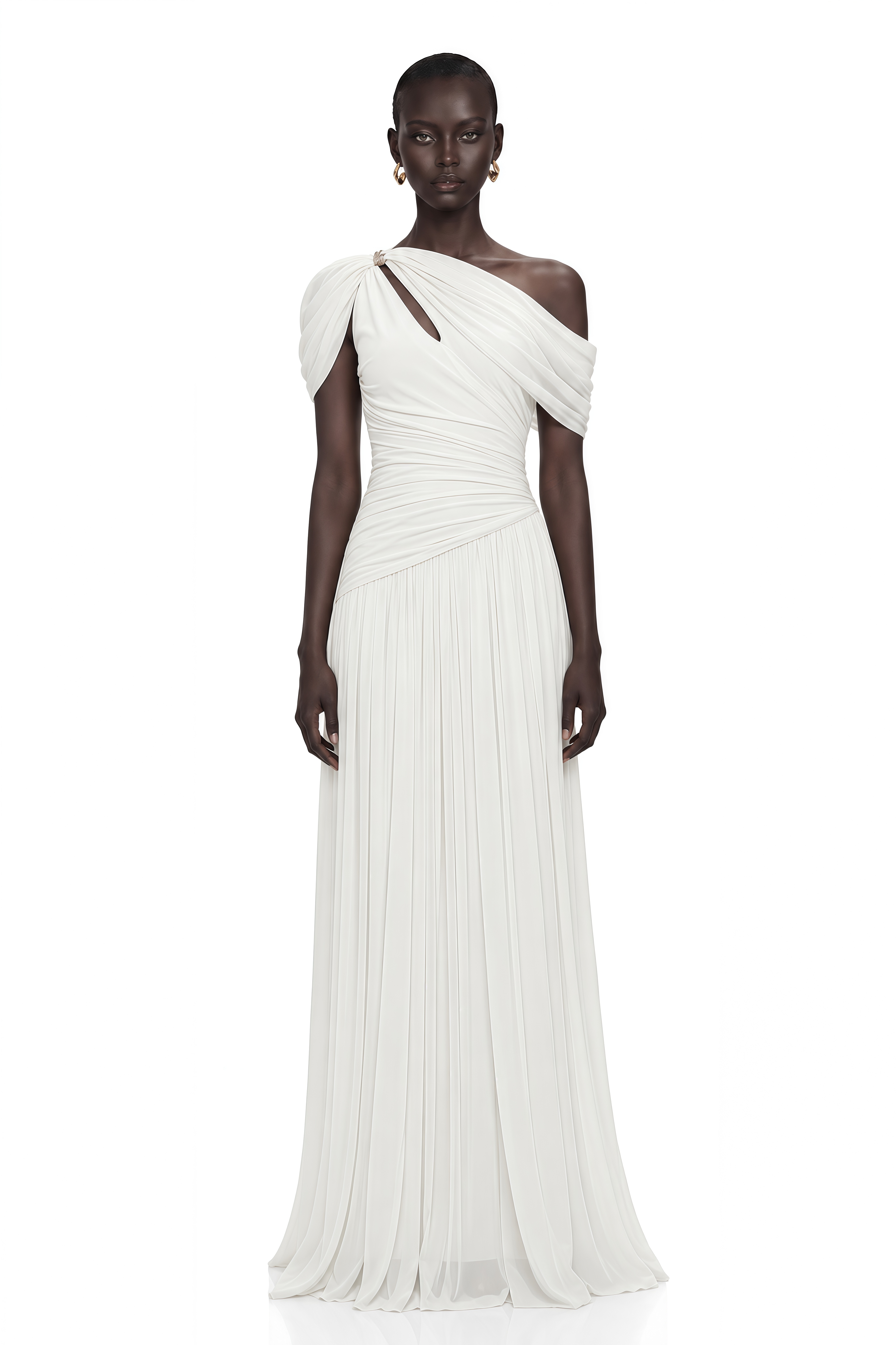 Sigrun White Asymmetrical Gathered Maxi Dress