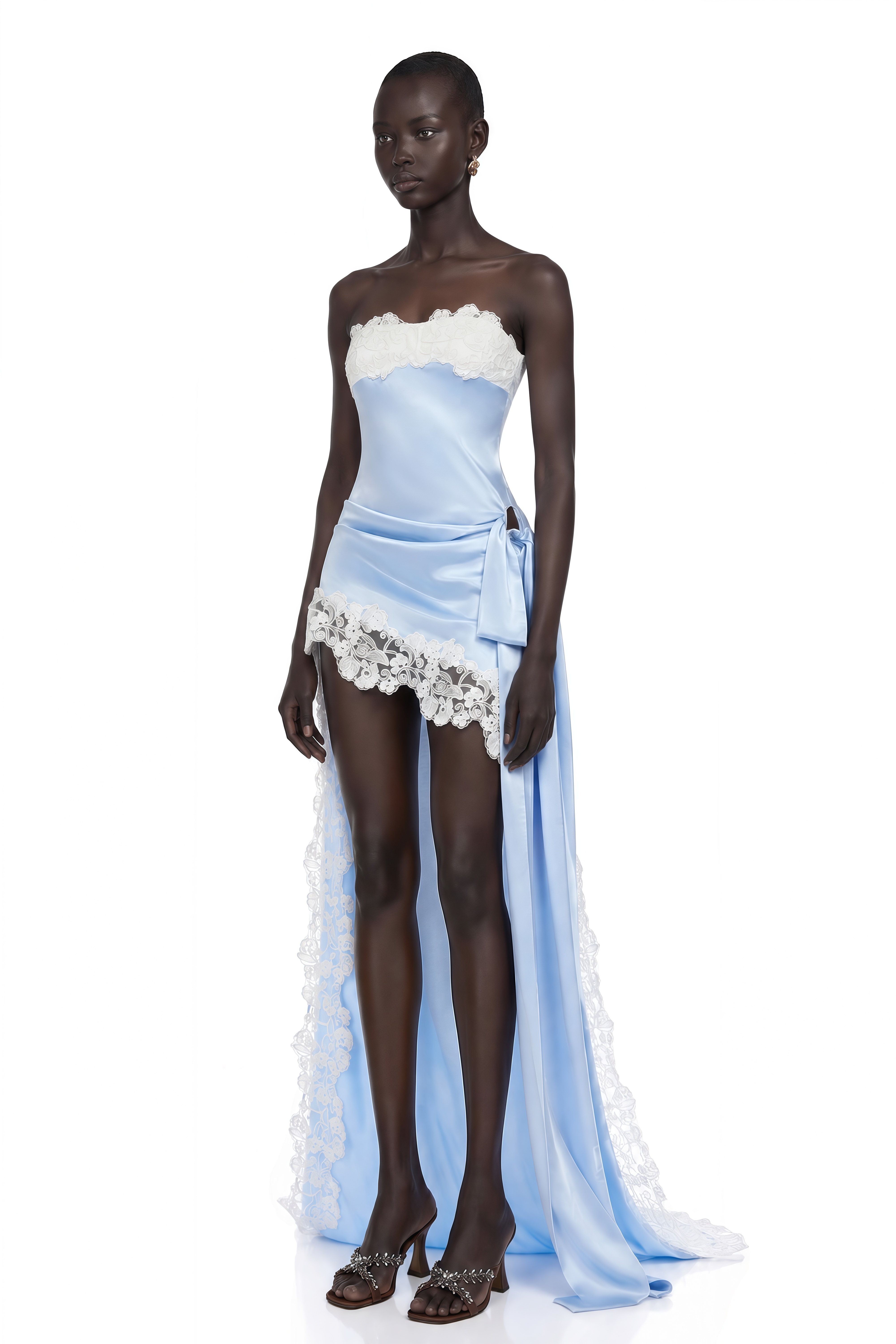 Lola Blue Off Shoulder Asymmetrical Maxi Dress with Lace Trim