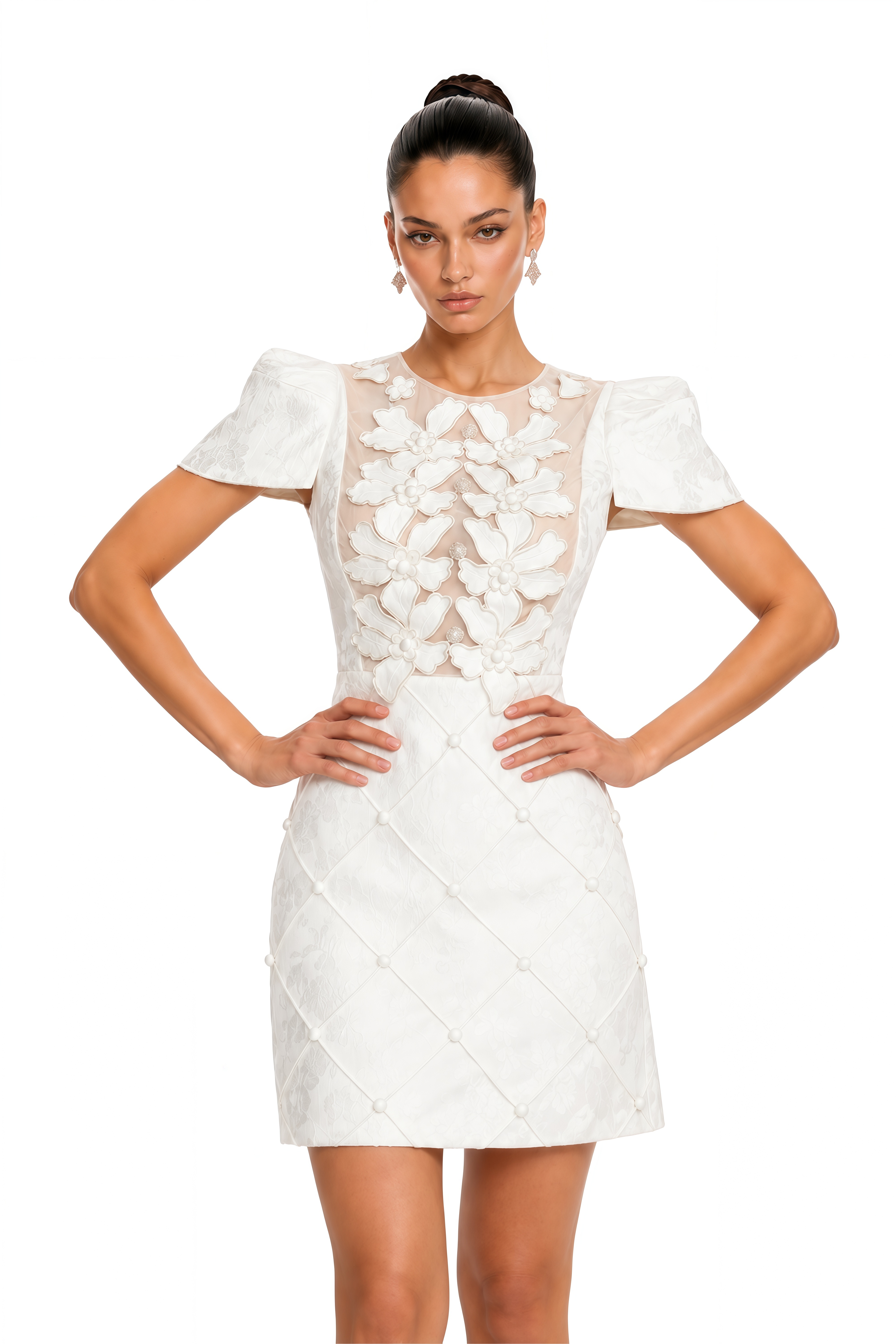 Coralie white petal-detail buttoned mini dress
