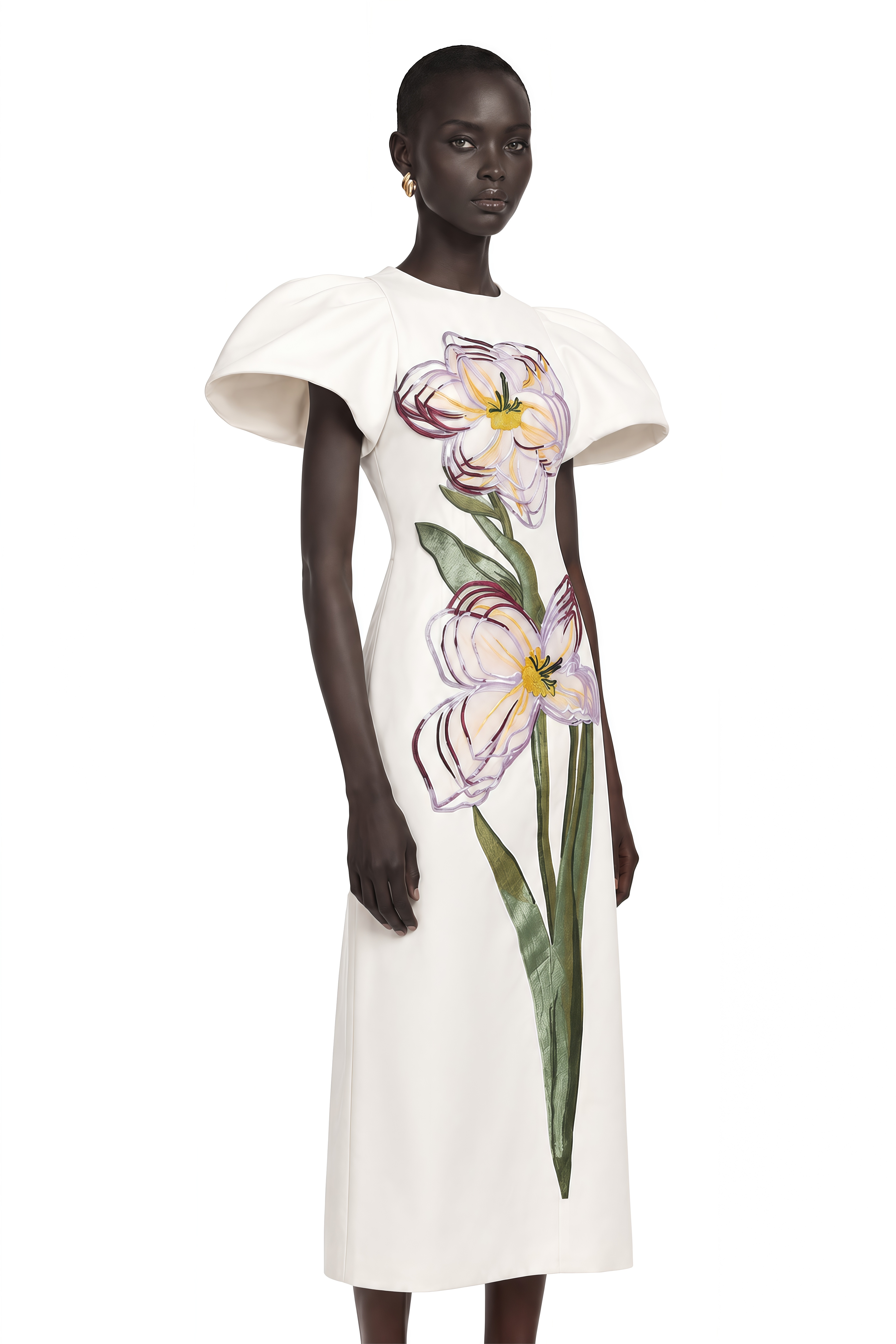 Irène White Sequin Floral Embroidered Midi Dress