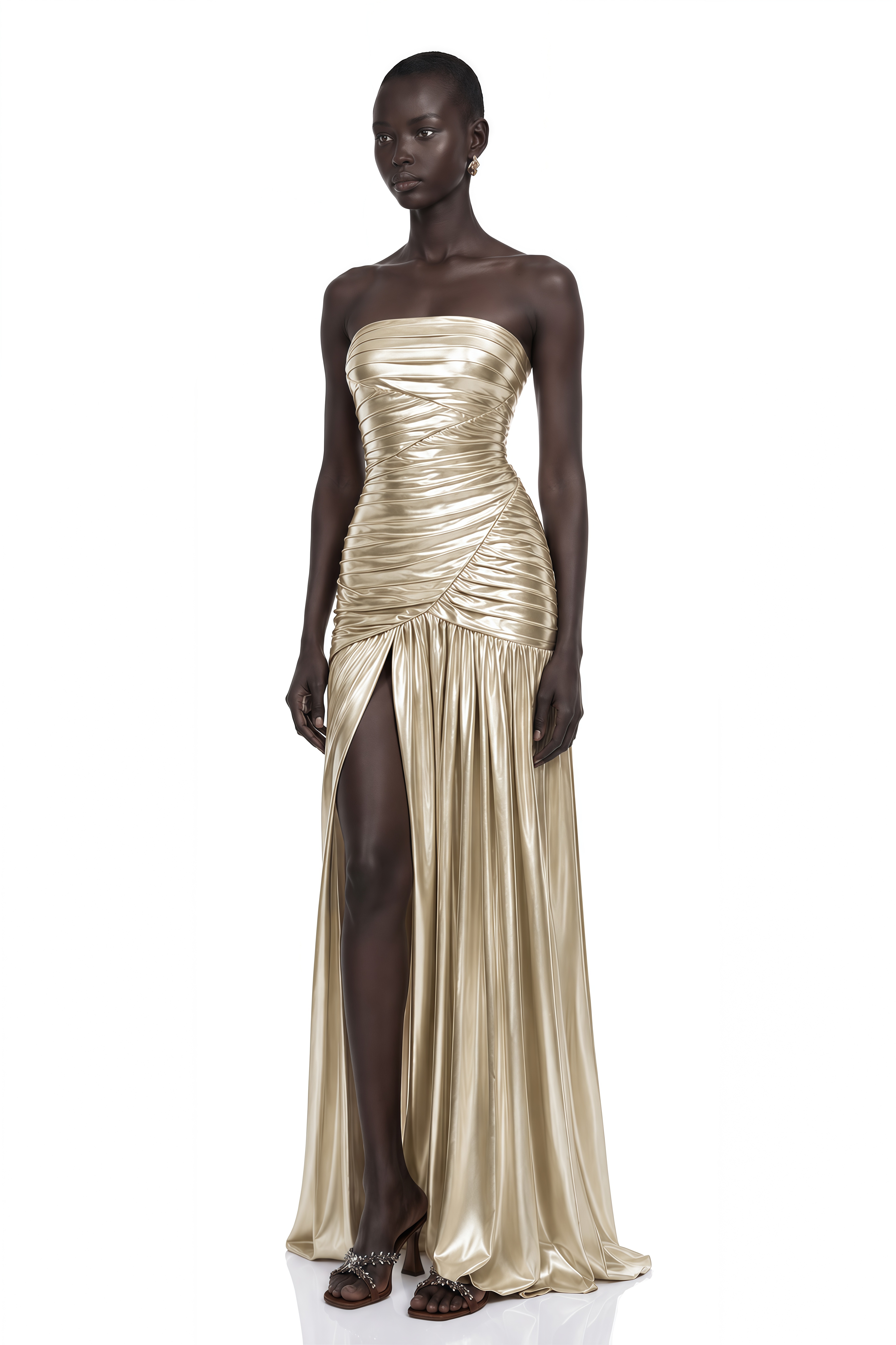 Jamila Champagne Ruched Glossy Maxi Dress with High Slit