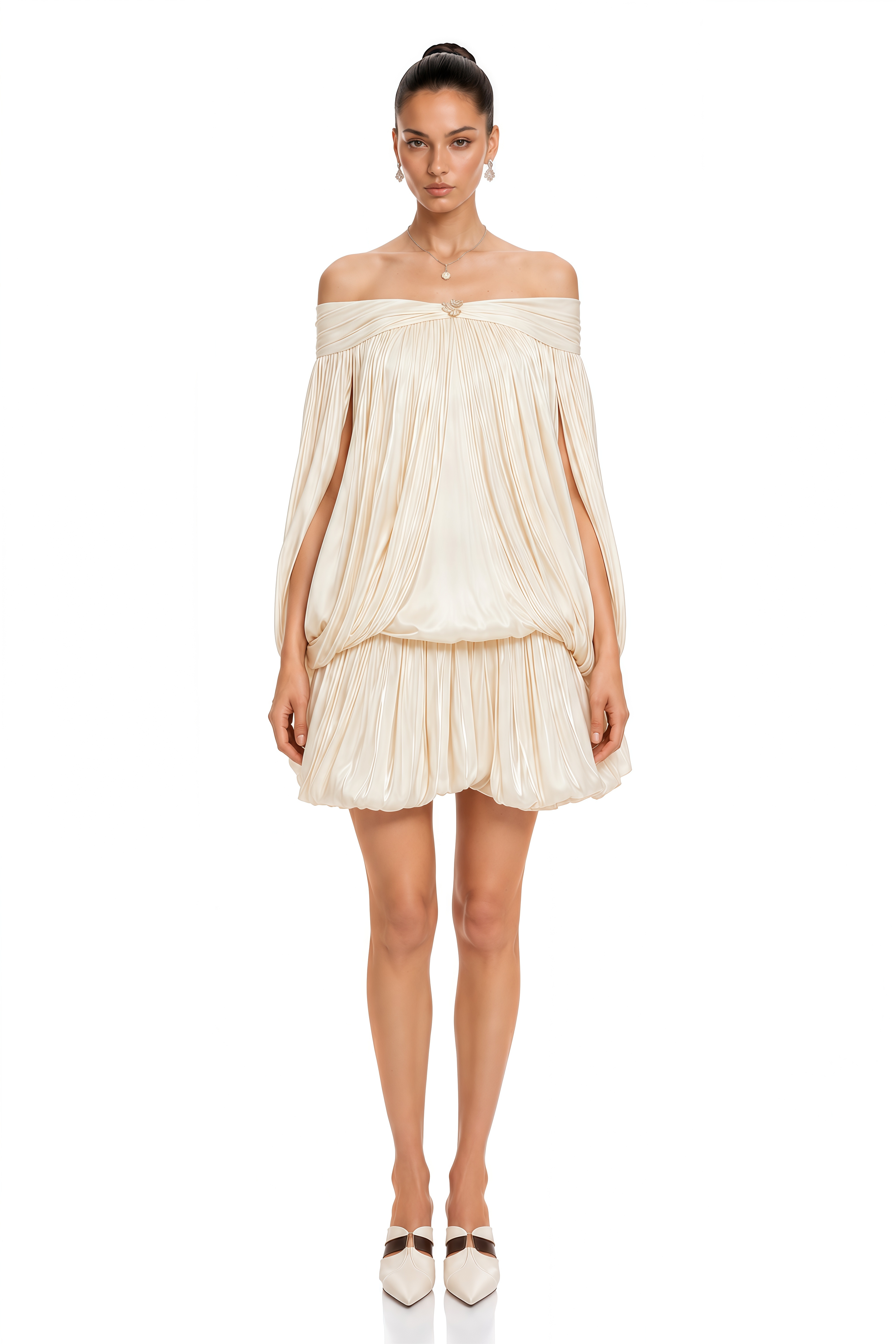 Shayla Neutral Asymmetrical Shirred Glossy Mini Dress