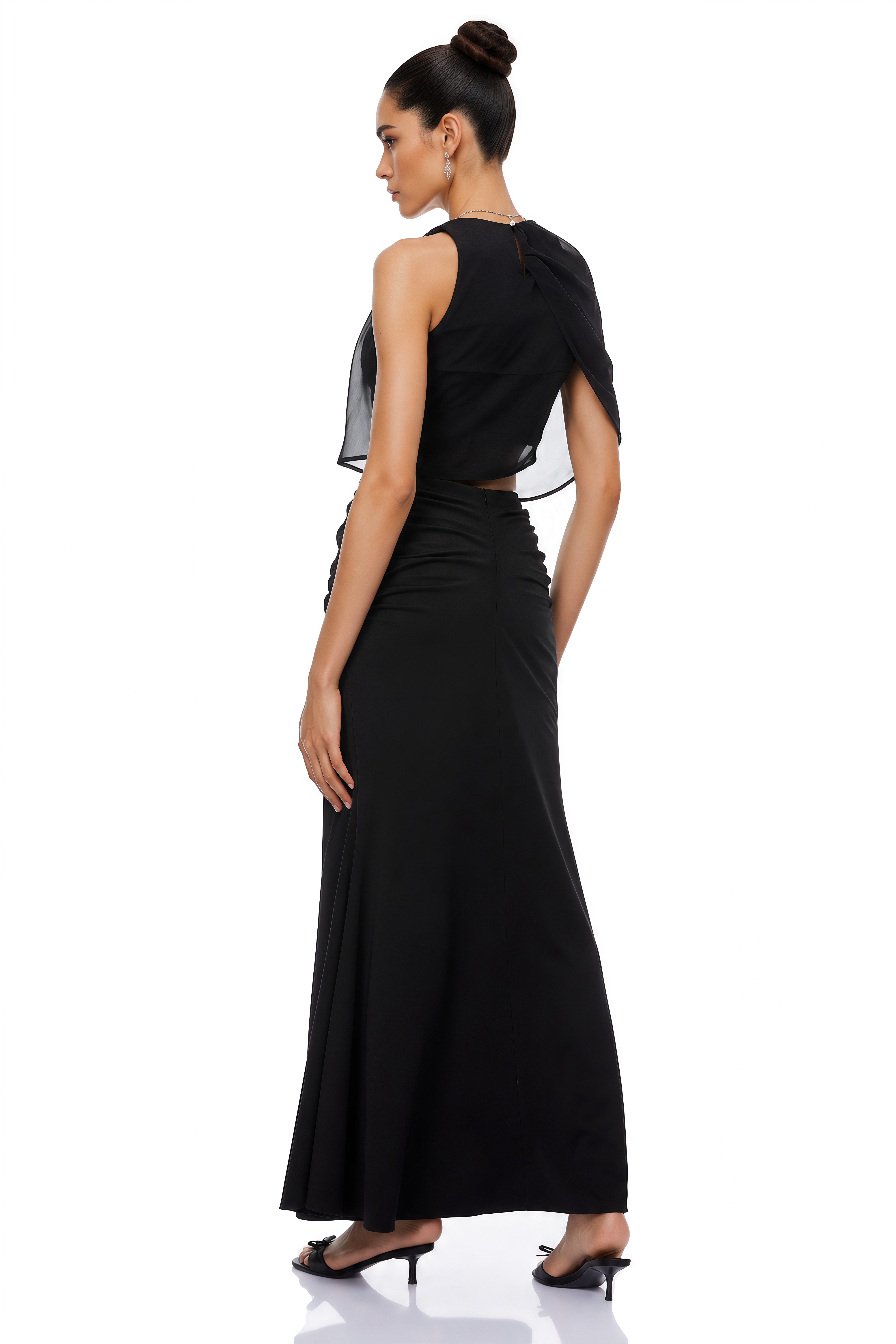 Calypso Black Asymmetrical Ruched Top & Skirt Set