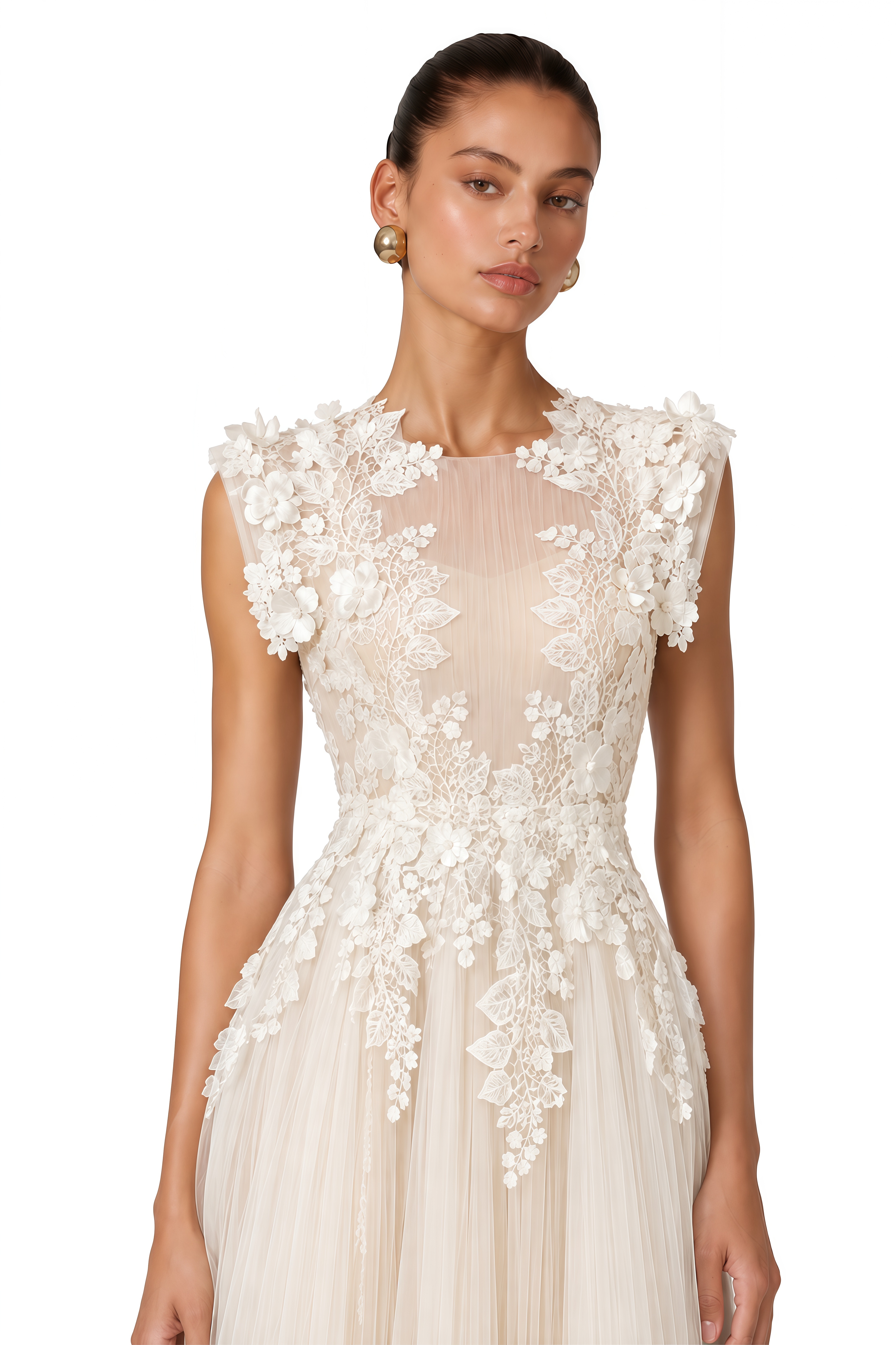 Annabelle Flower-appliqué Tulle Midi Dress (Without Belt)