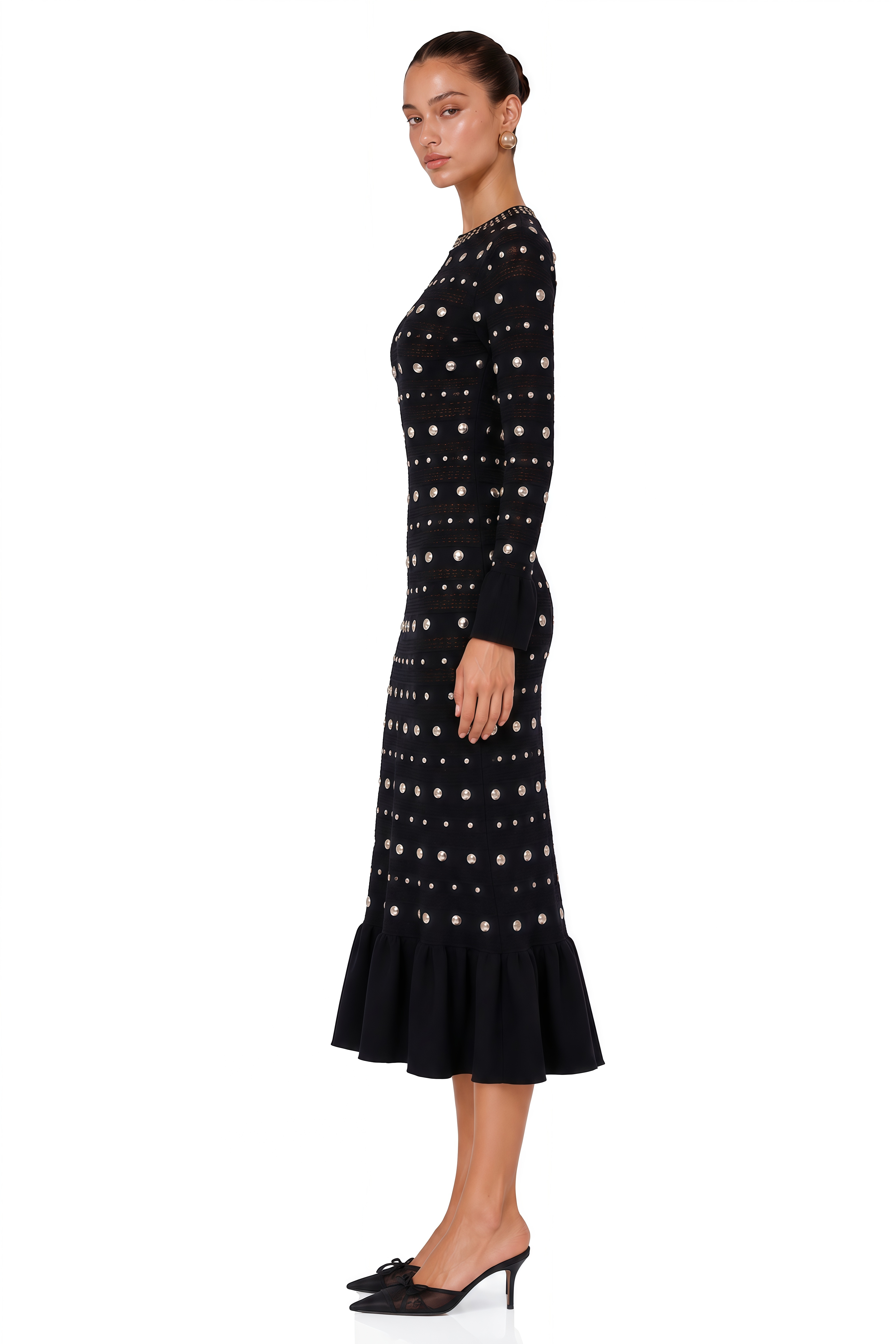 Chloé Black Long Sleeve Studded Crochet Knit Midi dress