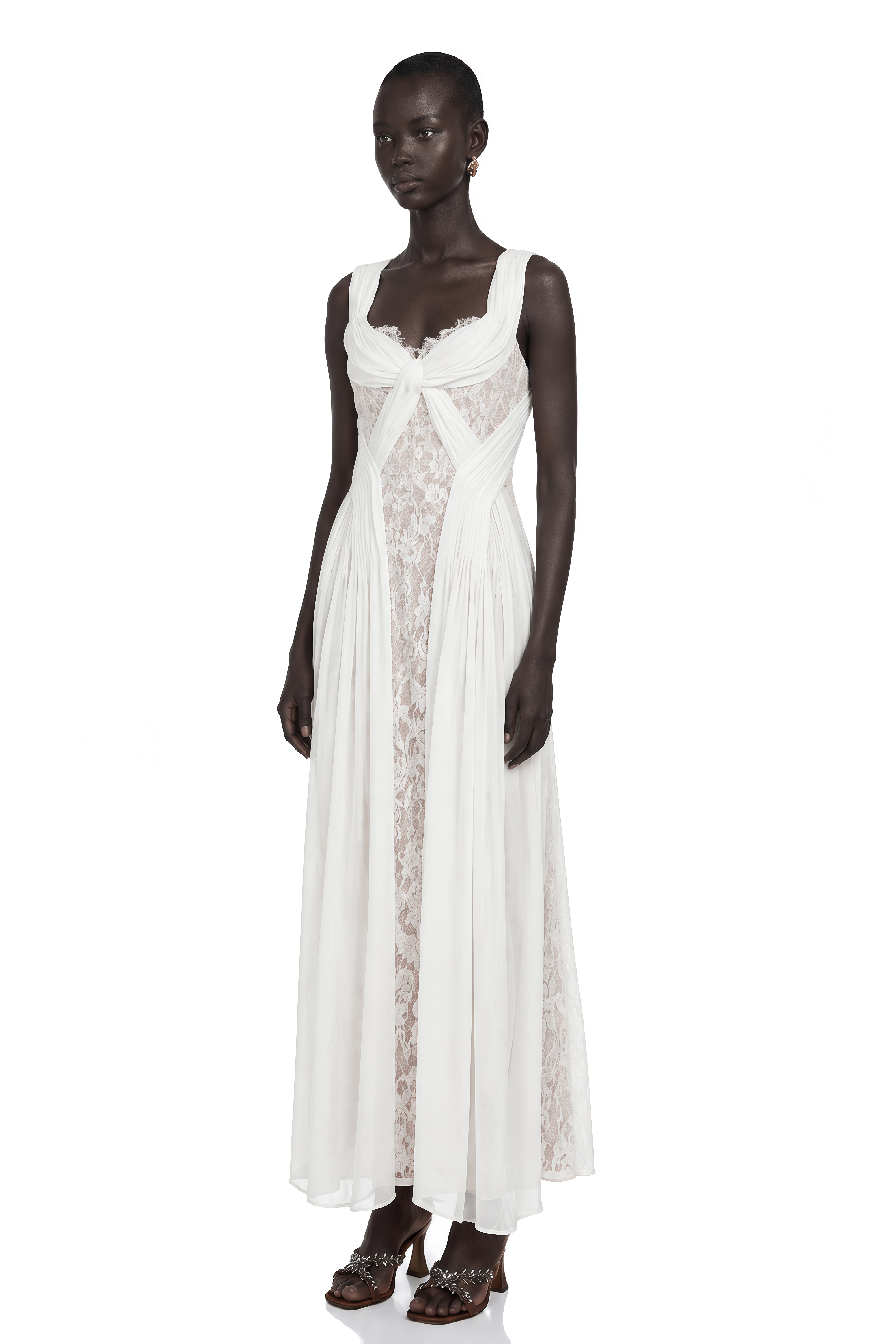 Arantxa White Lace Pleated Maxi Dress