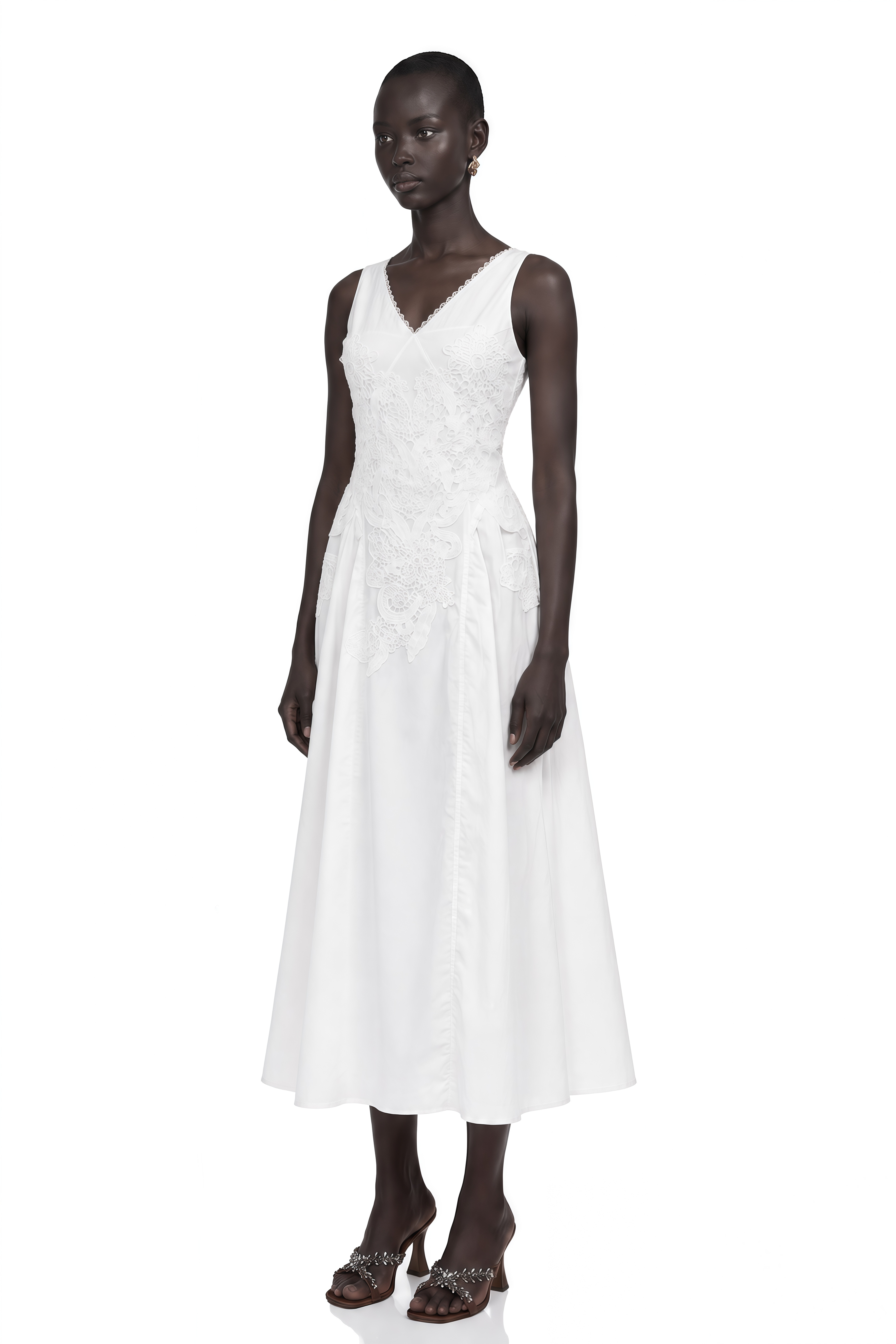 Gertrude White V-Neck Lace Midi Dress