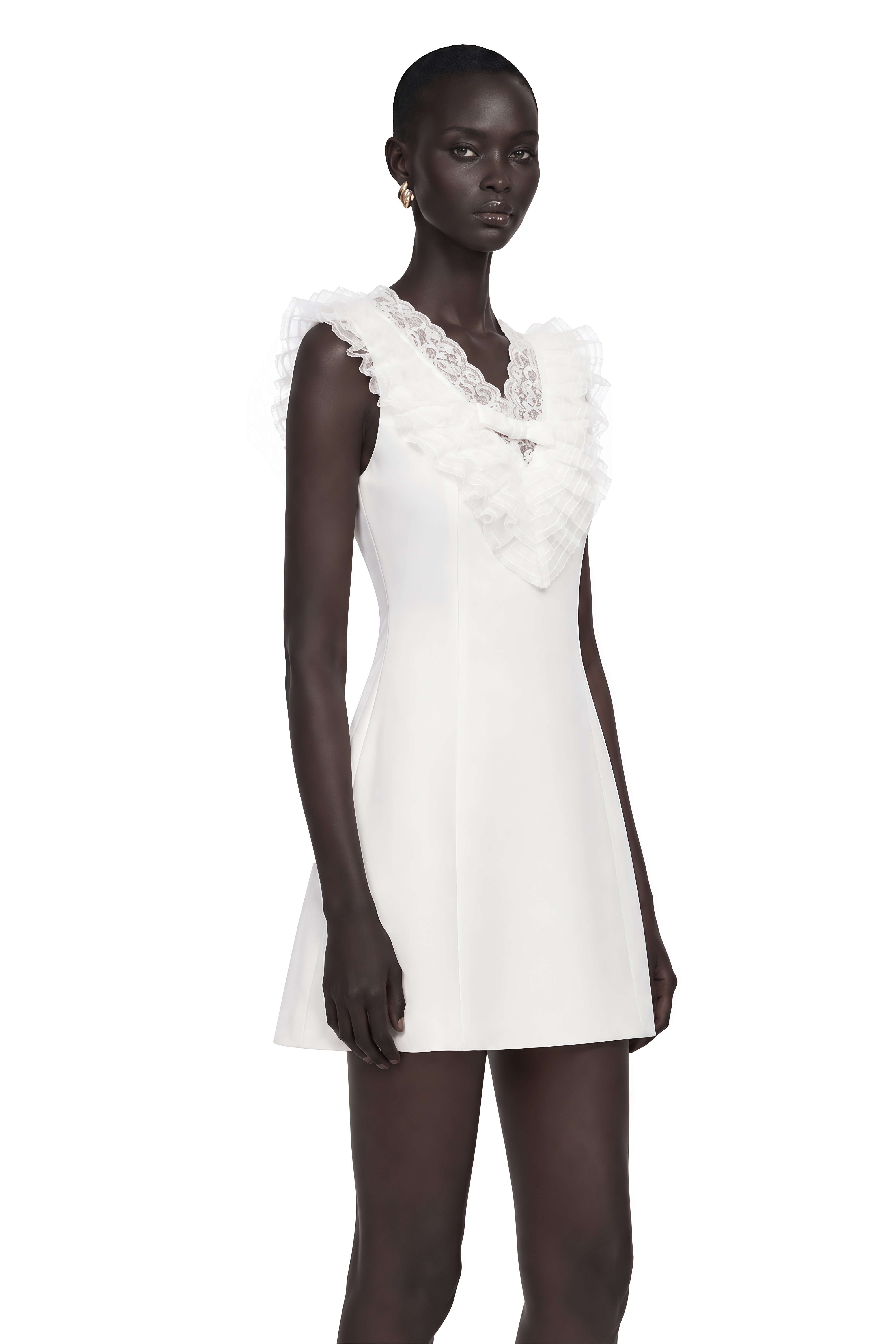 Elisabeth White V-Neck Mini Dress with Lace Panels
