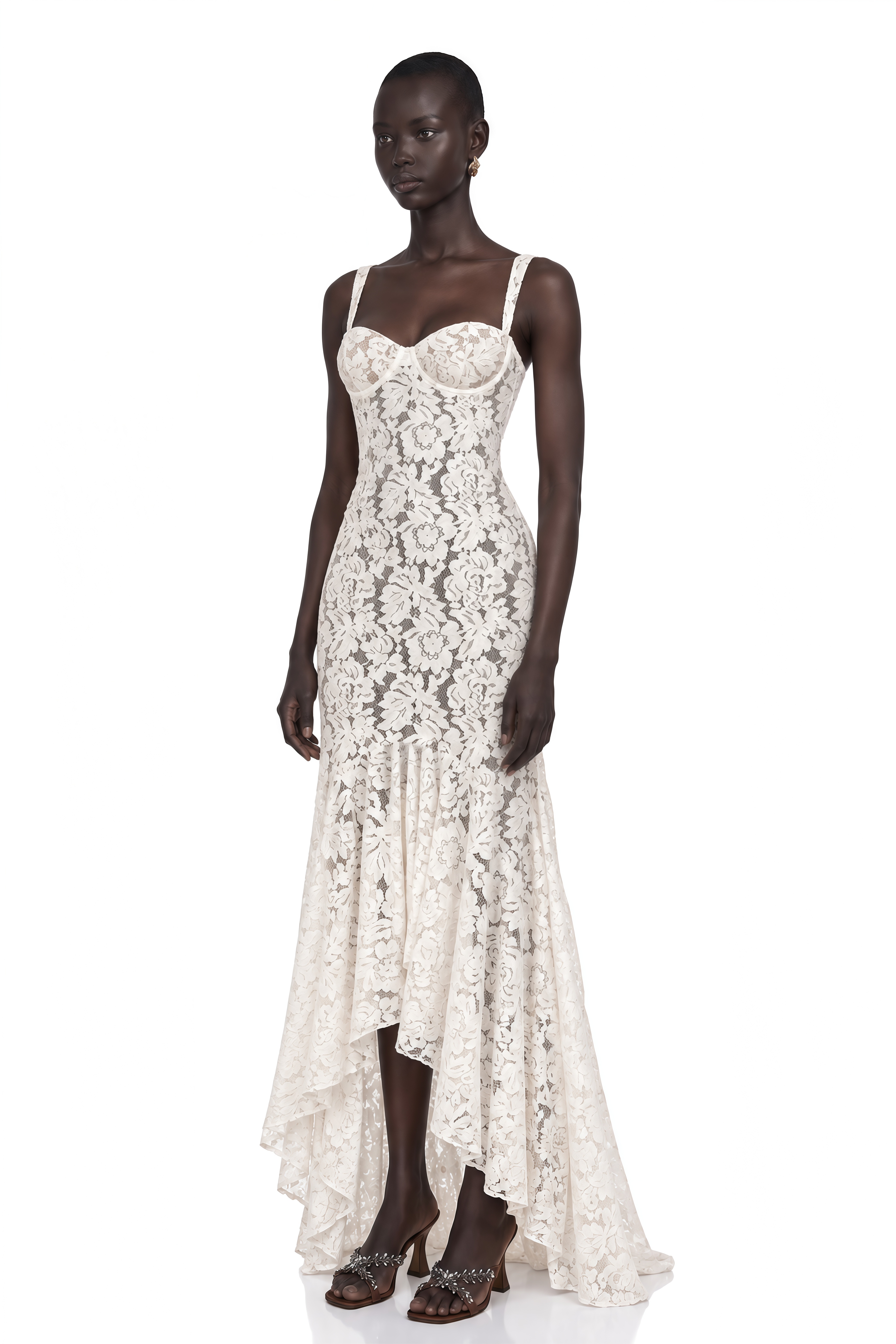 Abbie White Floral Lace Bustier Maxi Dress