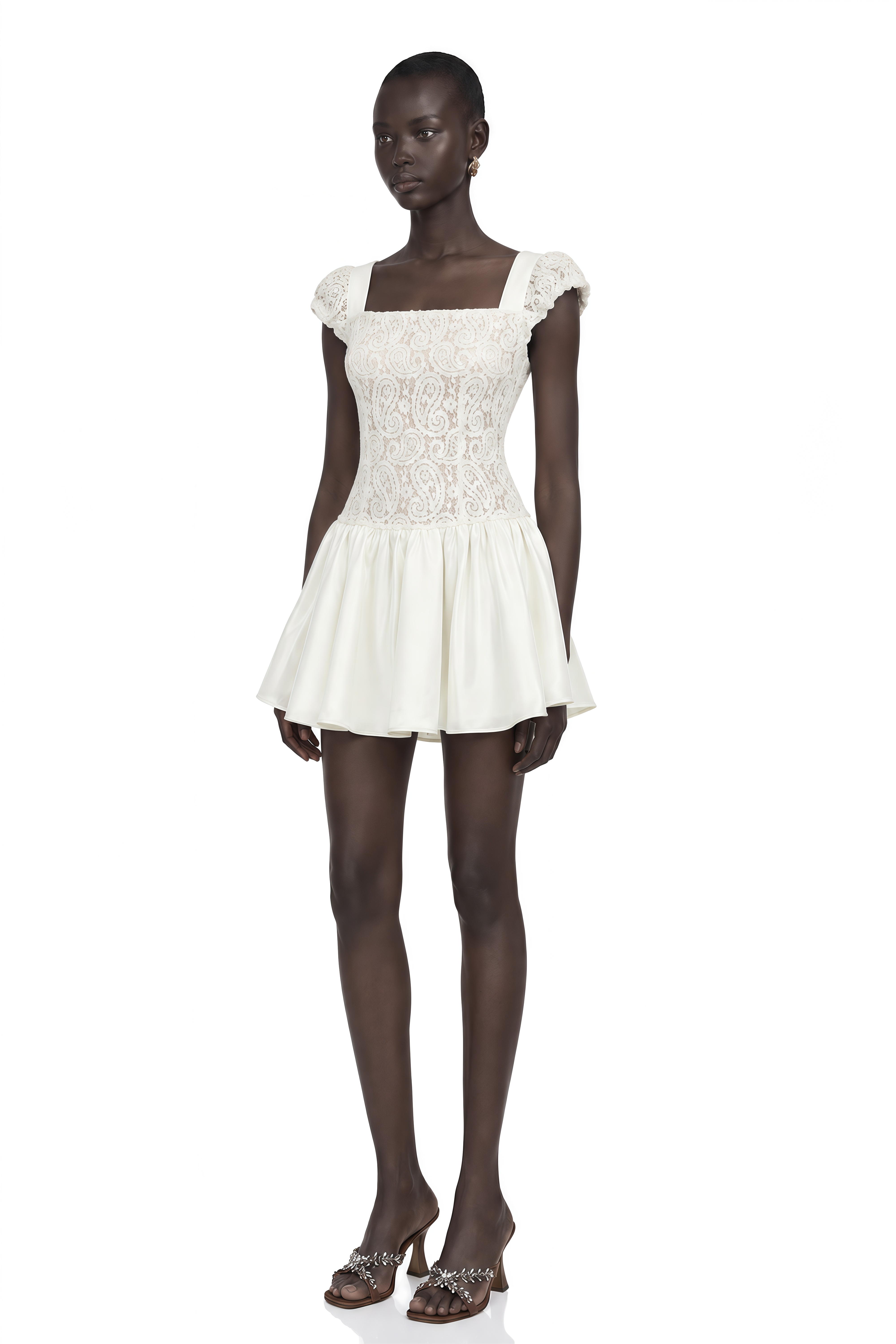 Hermione White Square Neck Mini Dress with Lace Panels