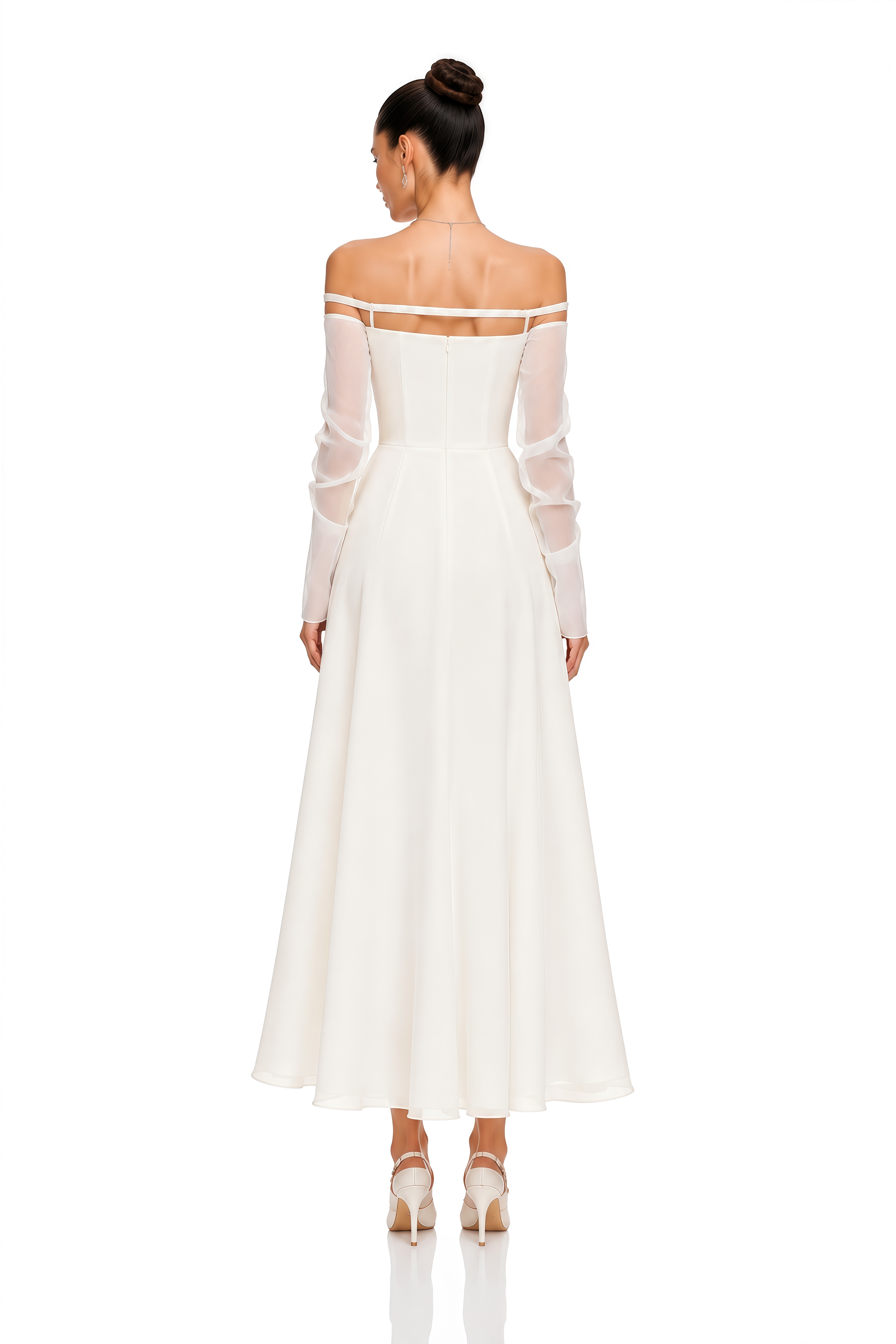 Gelsomina White Gathered Crepe Midi Dress