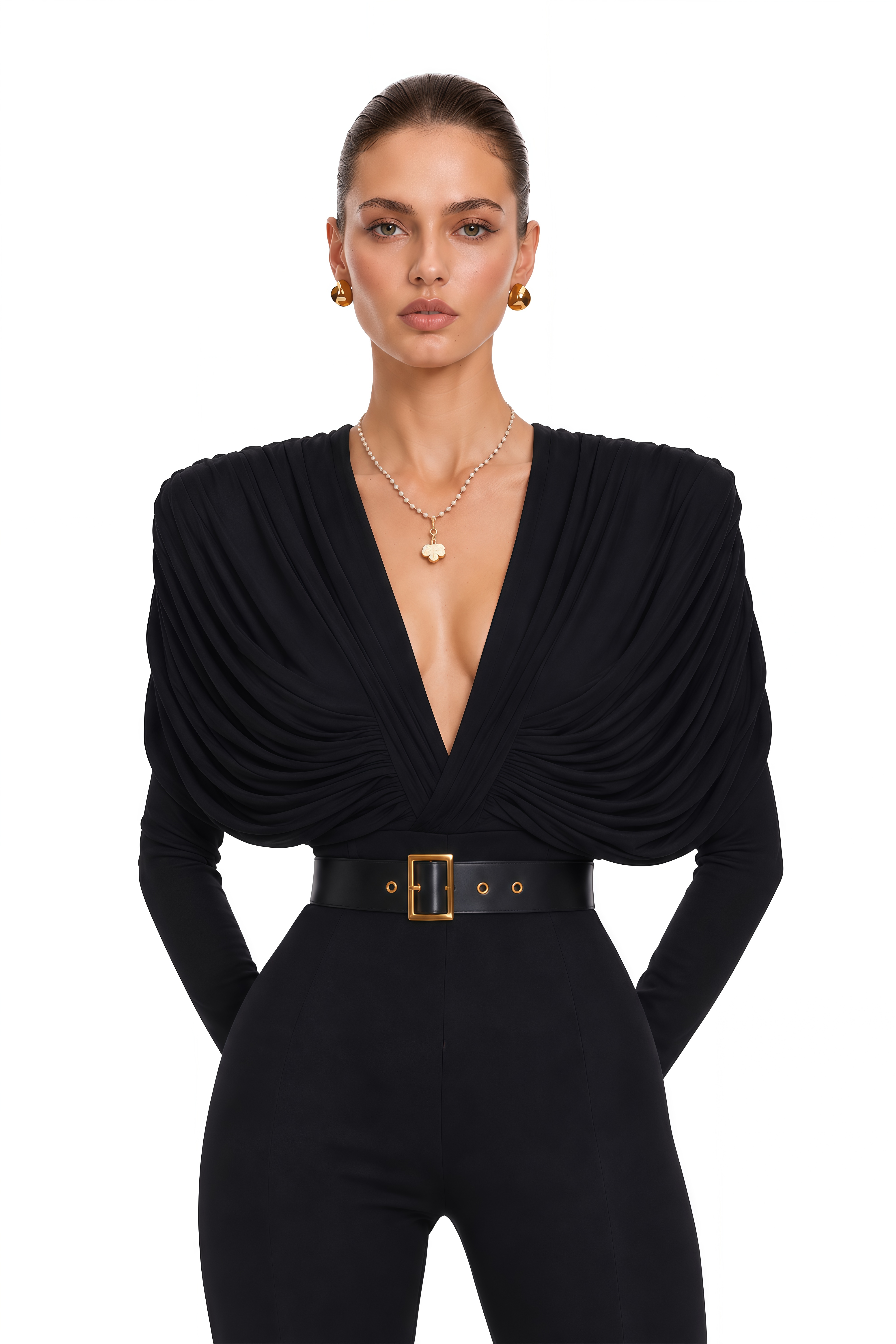 Gianina Black Deep V-Neck Draped Jumpsuit