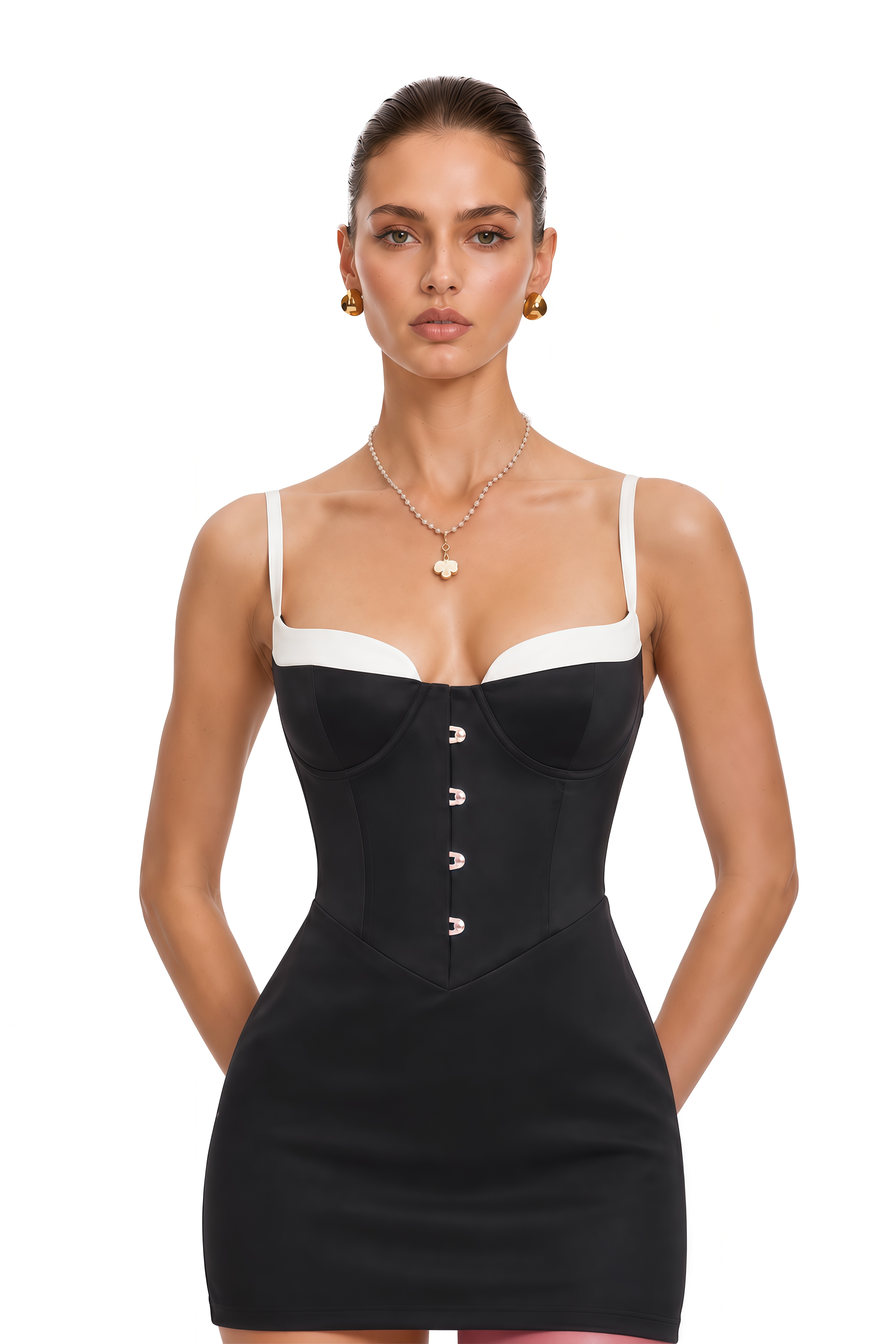 Cordelia Black Bodycon Mini Dress with Decorative Buttons