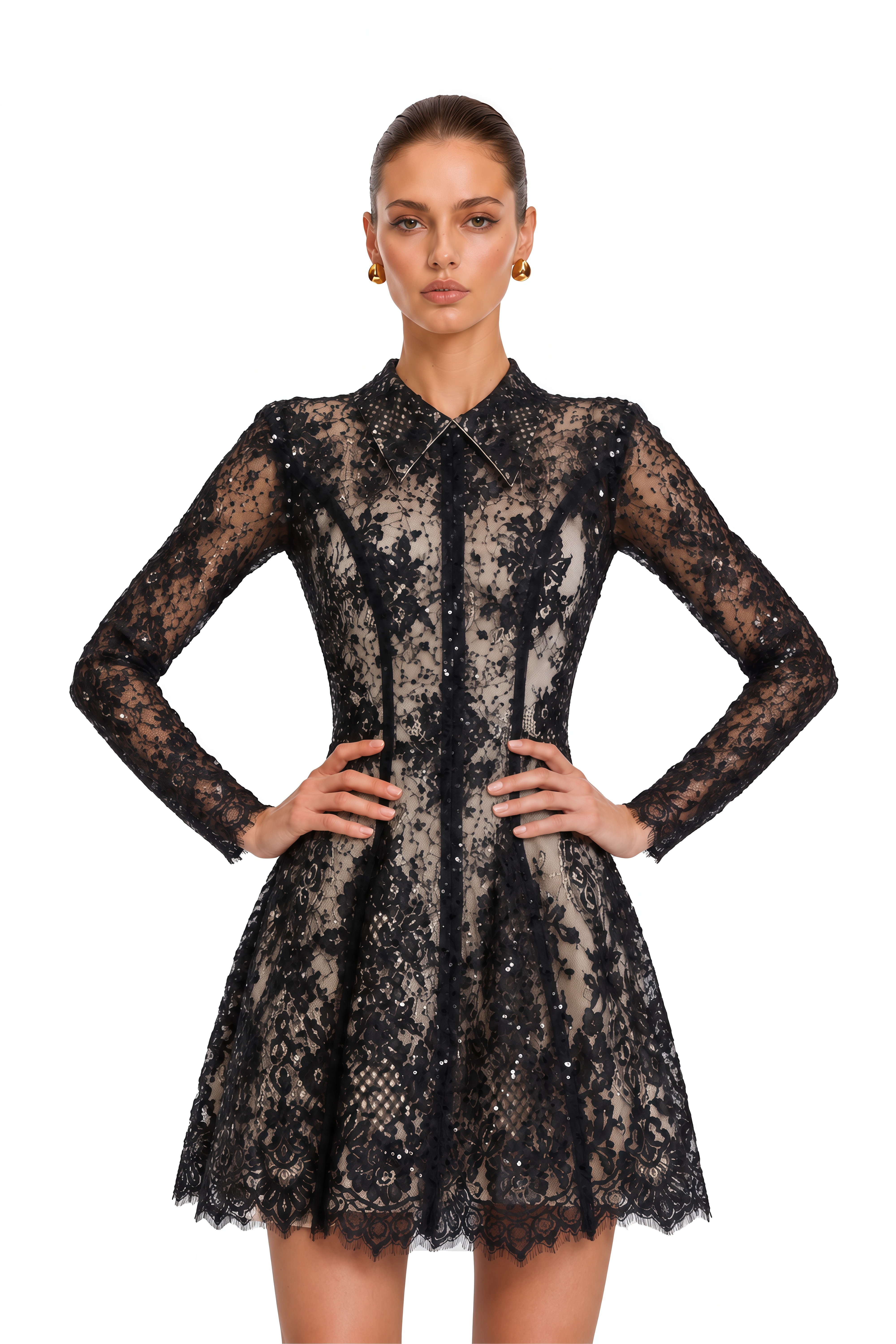 Aleksandra Black Sequin Floral Lace Mini Dress