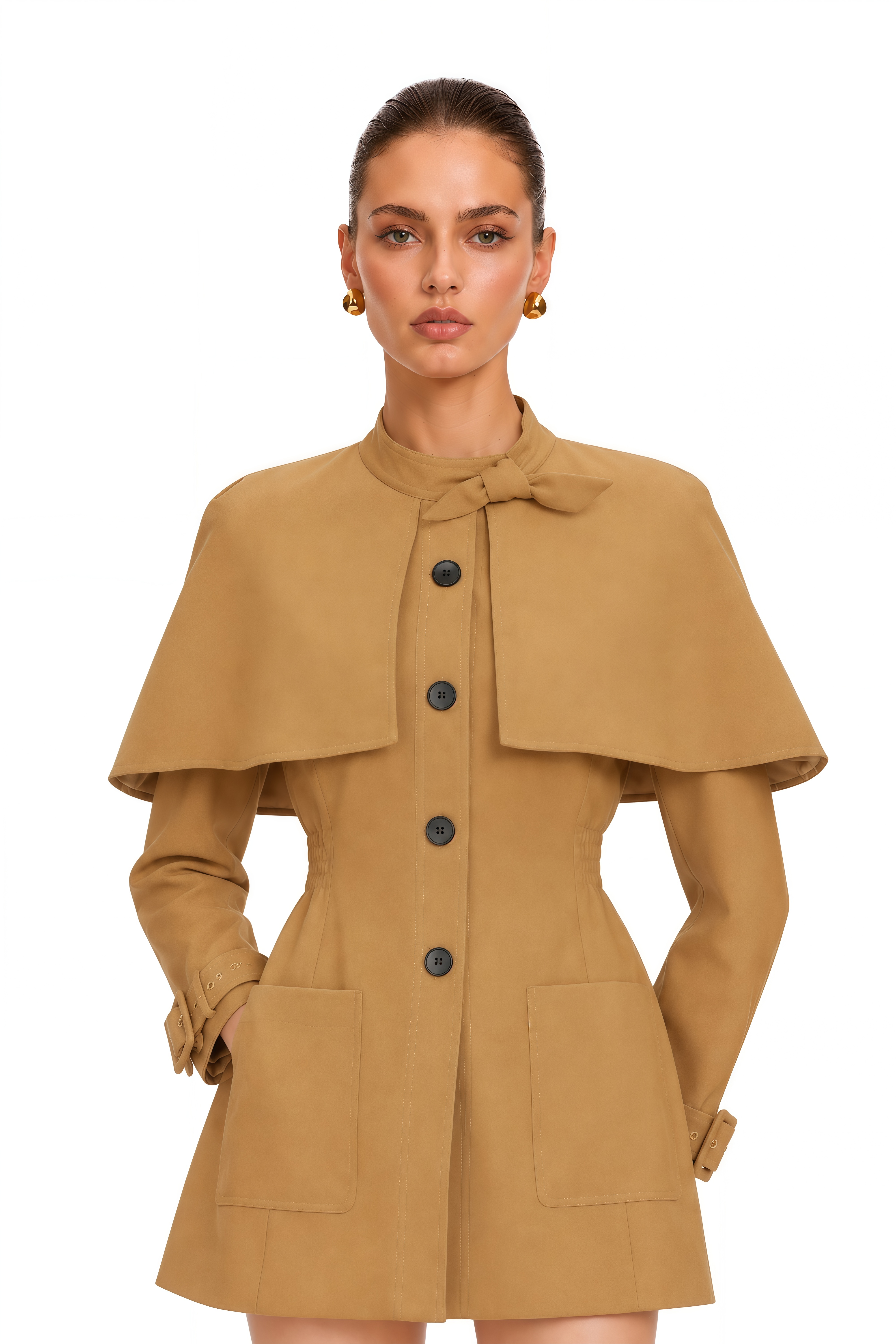 Azzurra Brown Cape-Detail Trench Mini Dress