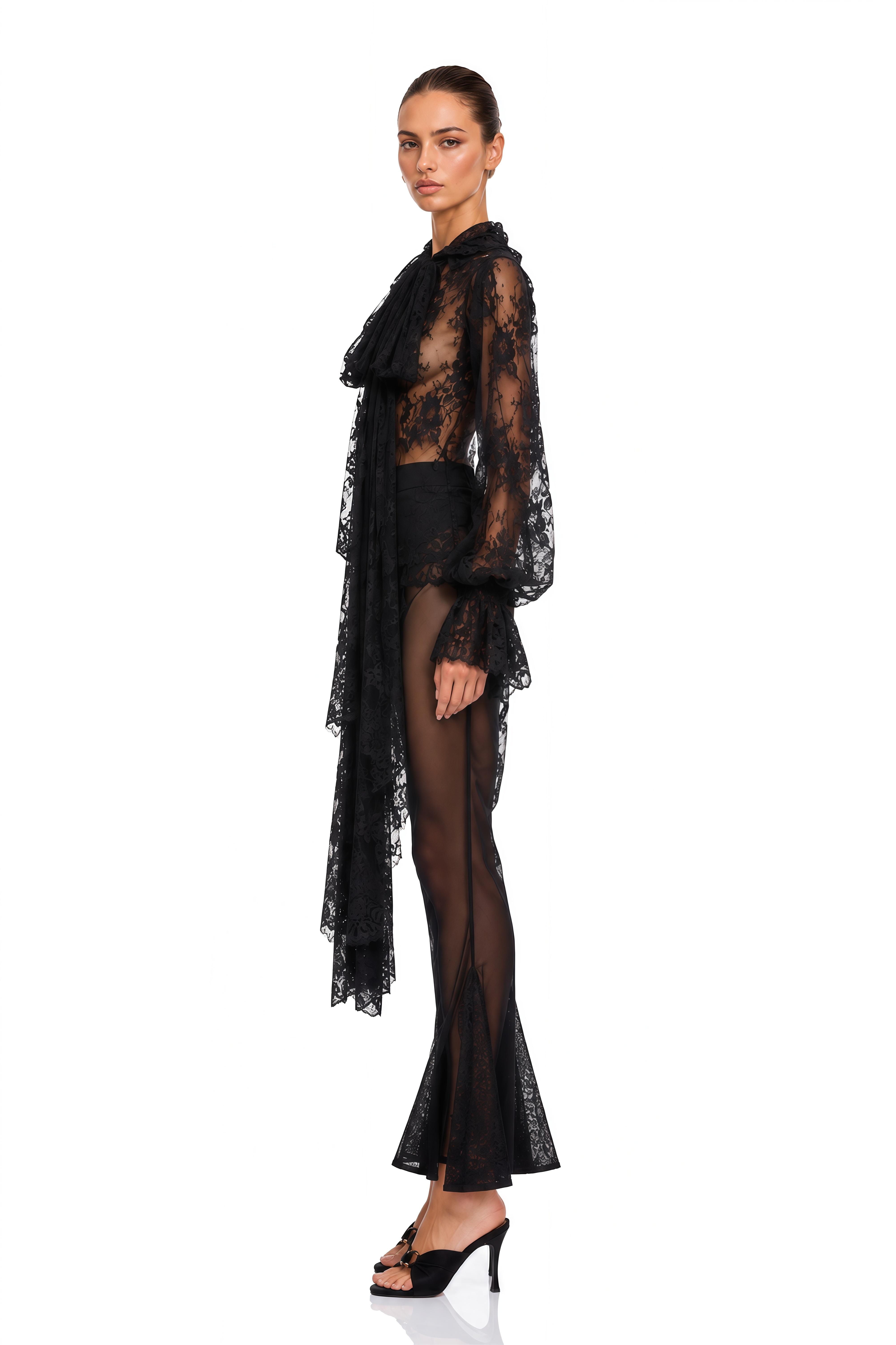 Quintine Black Ribbon Tie-Neck Floral Lace Blouse