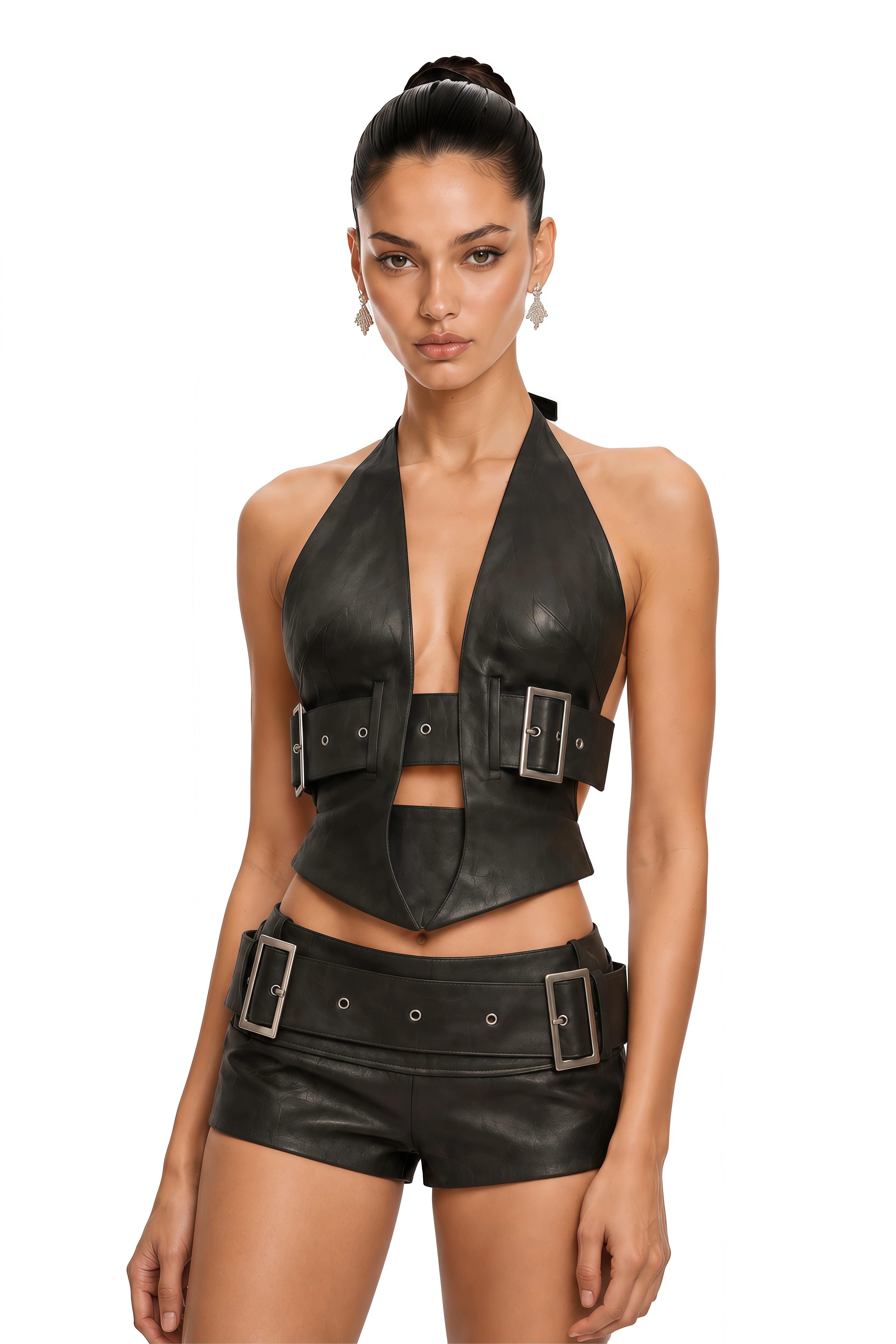 Adelle Black Cropped Belted Top & Shorts Set