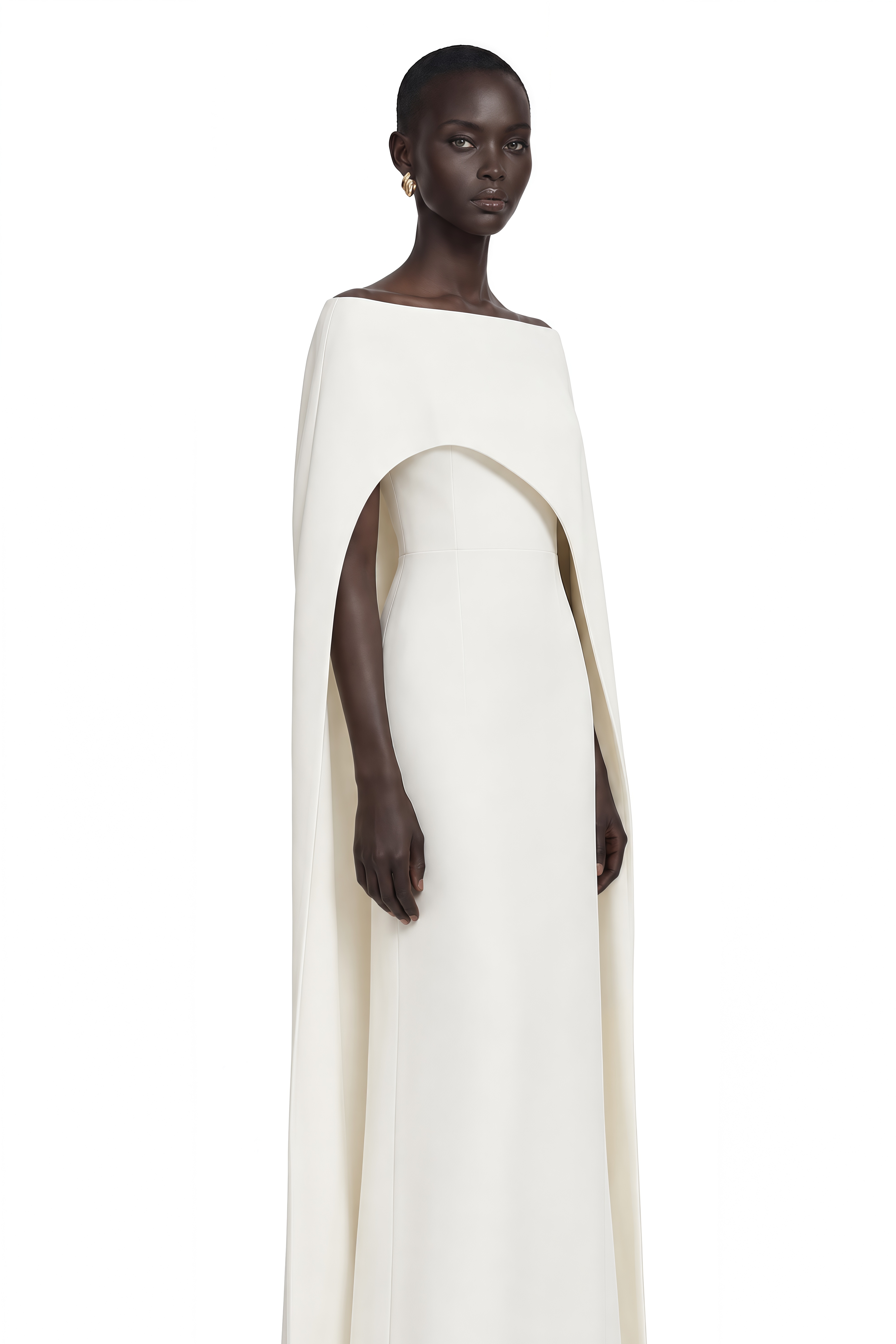 Dominique White Asymmetrical Cape Maxi Dress
