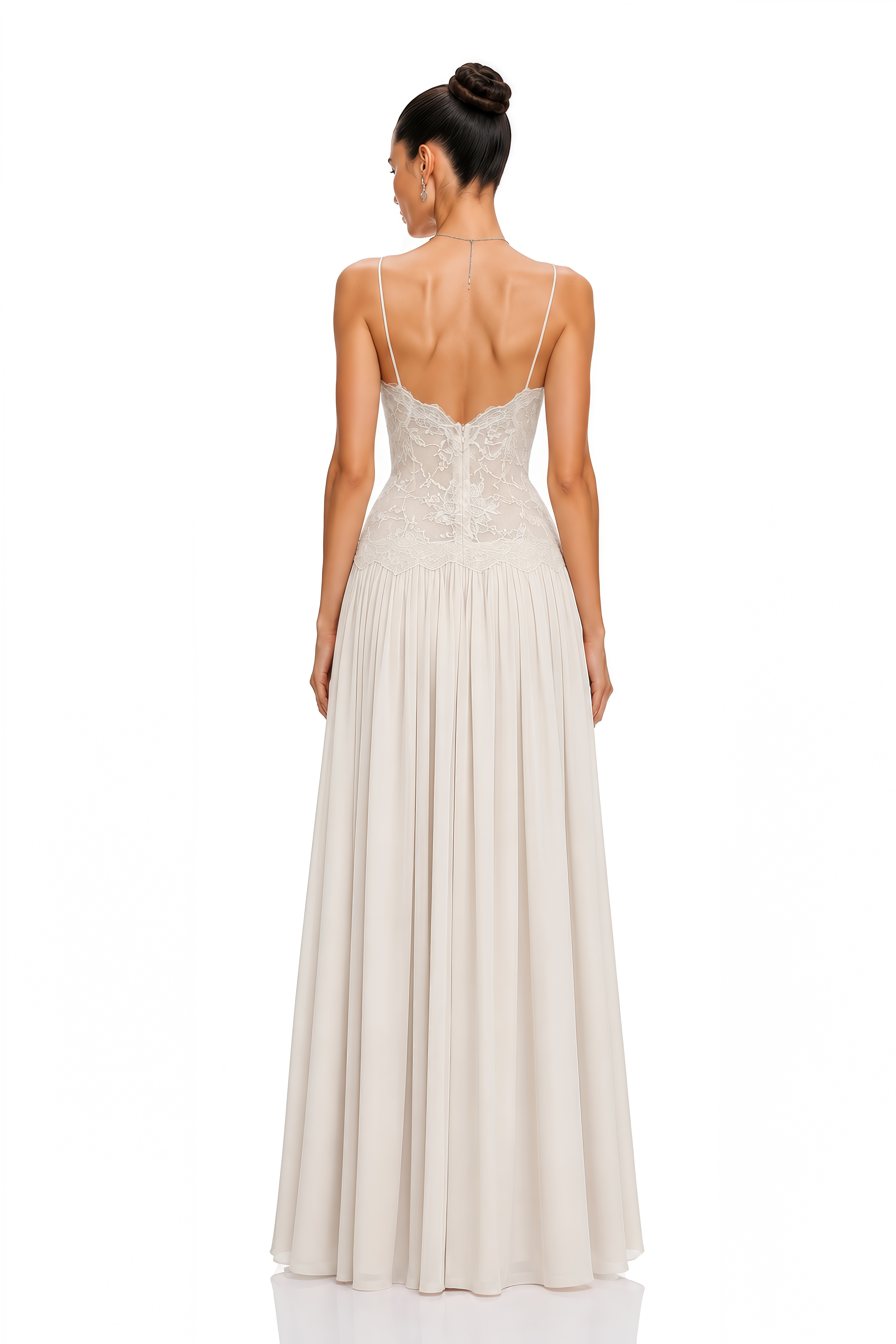 Reine White Pleated Maxi Dress with Lace Panels