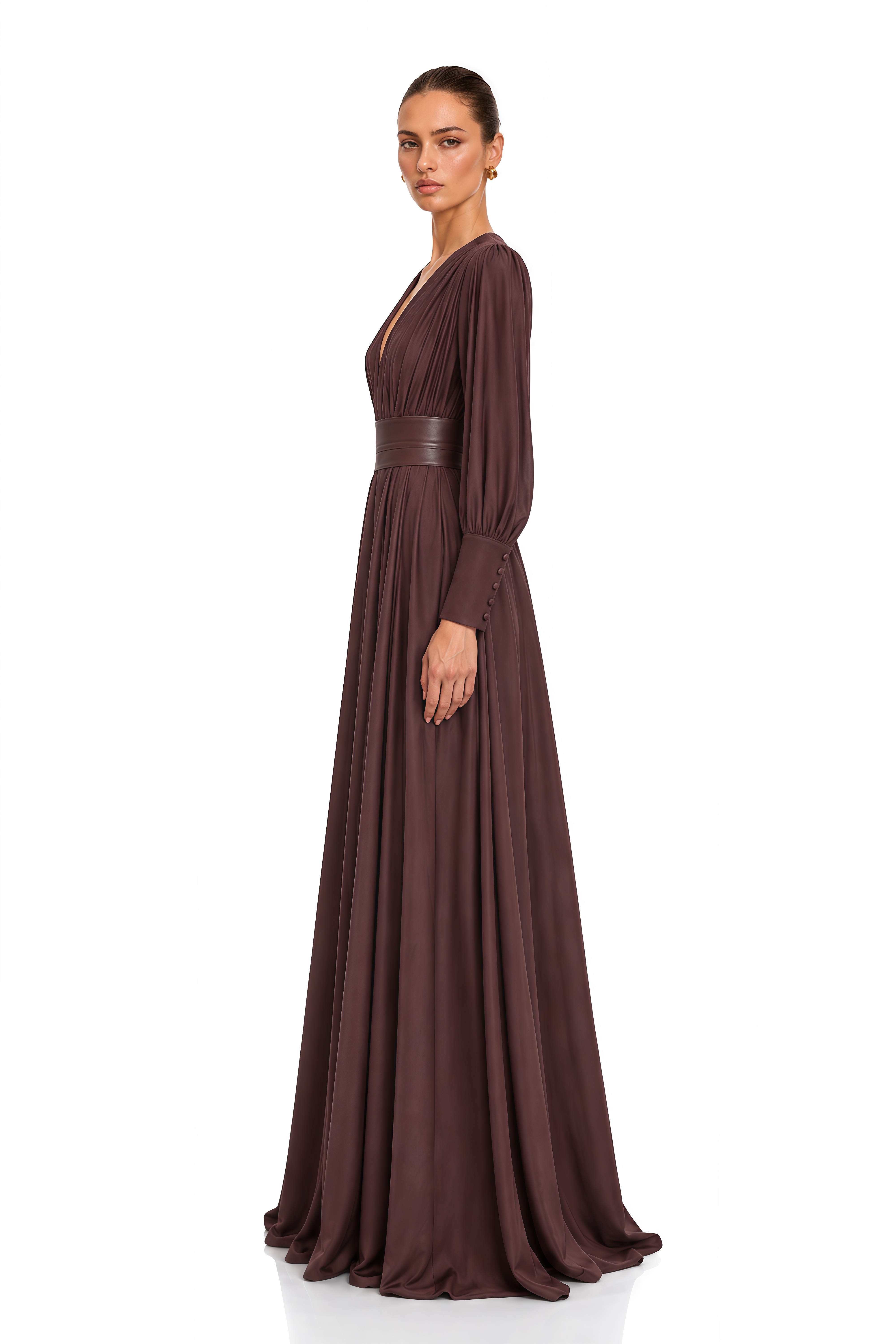 Eleanore Chocolate Brown V-Neck Ruched Maxi Dress