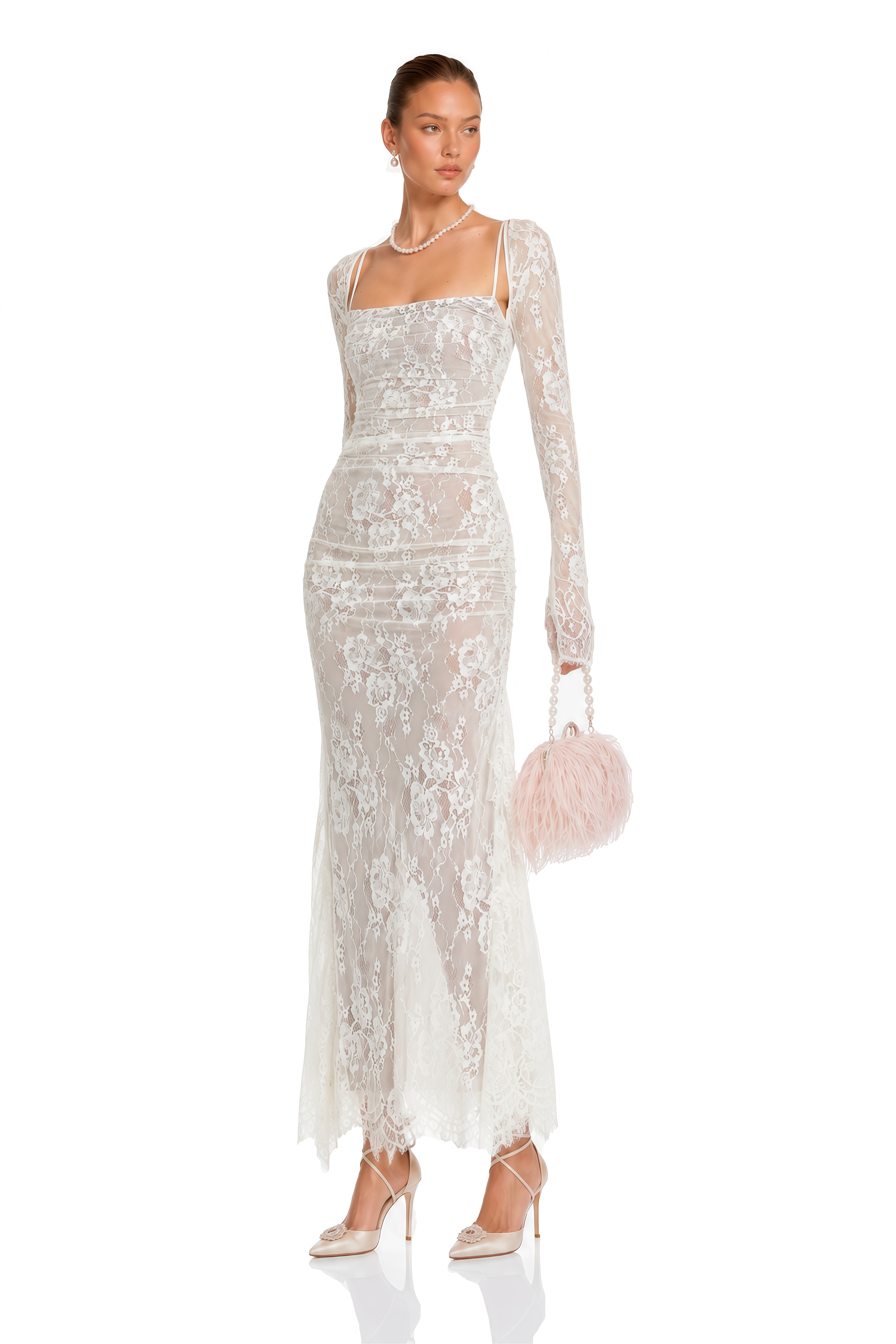 Valérie white floral lace mesh maxi dress