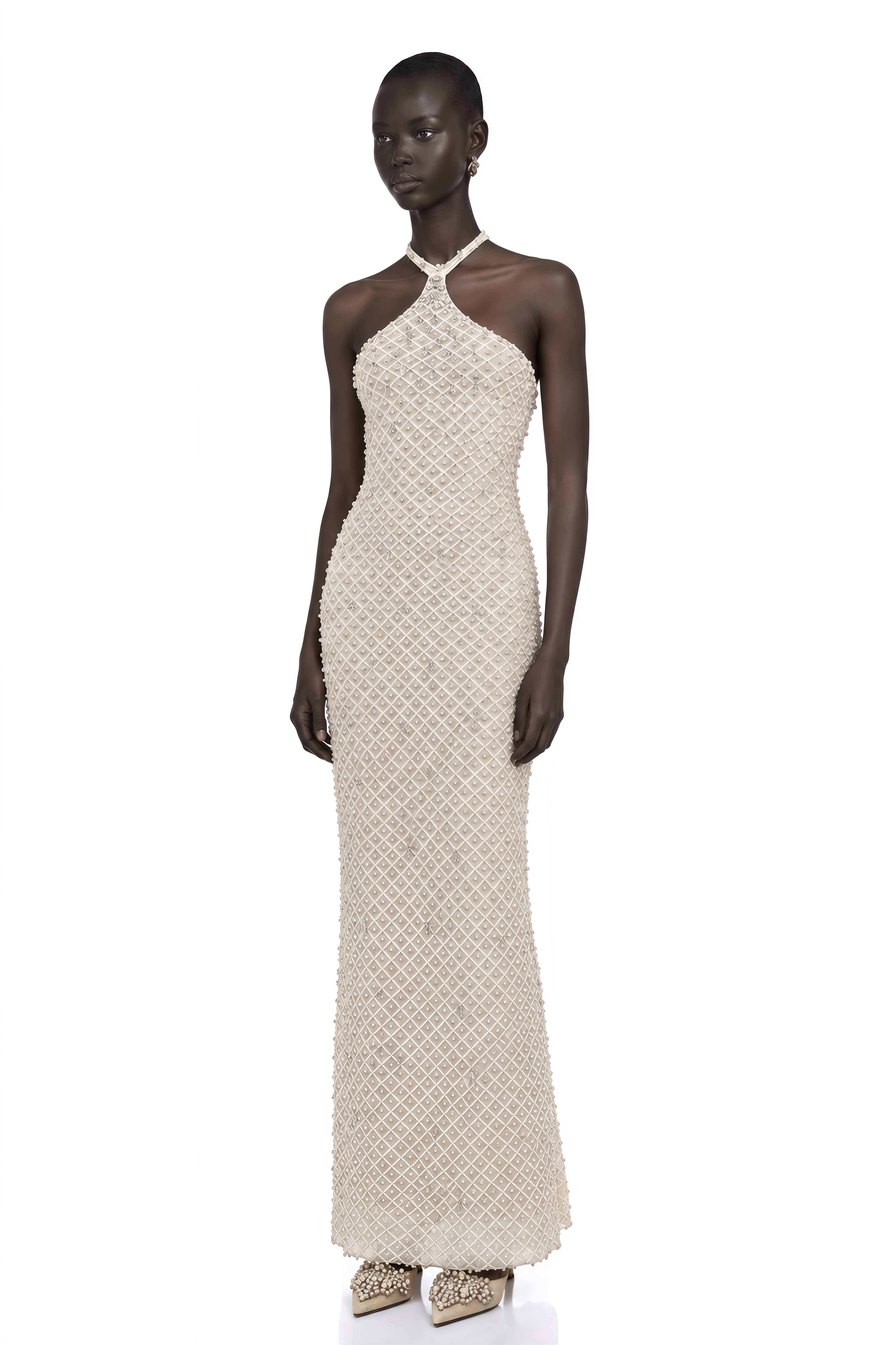 Claudine White Embellished Halterneck Maxi Dress