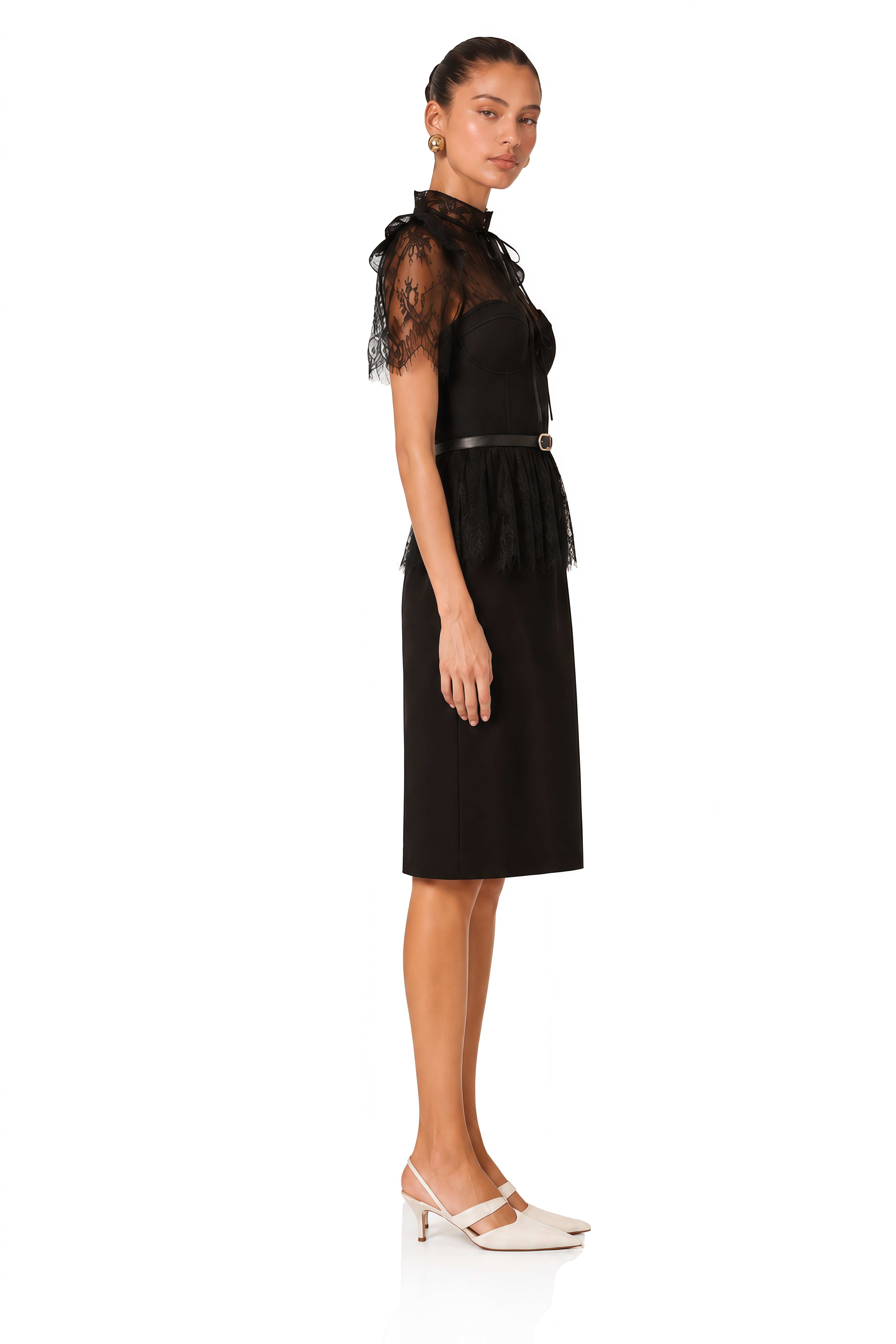 Thérèse Black Guipure-Lace Paneled Midi Dress (Without belt)