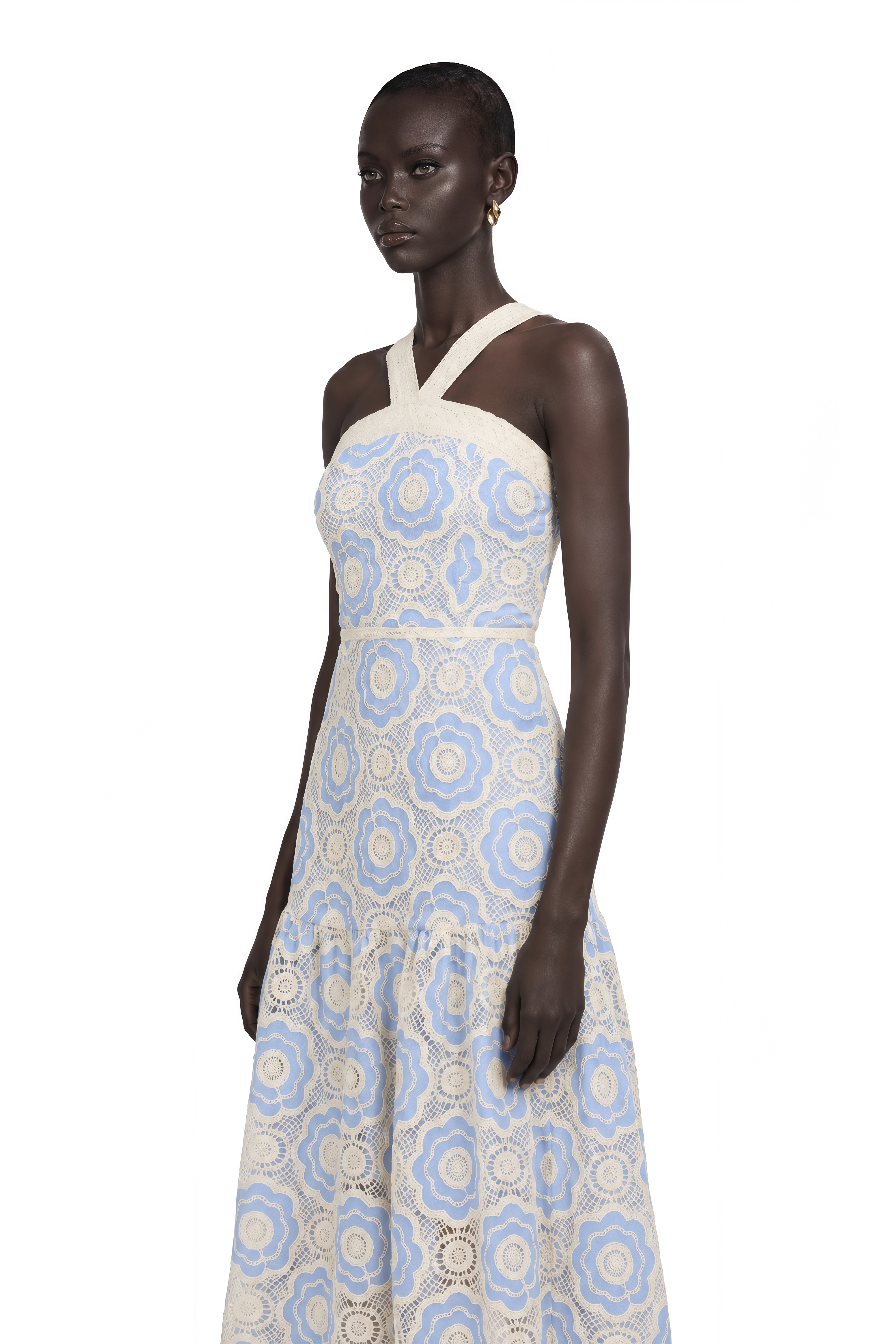 Frivole Blue Crochet Floral Midi Dress